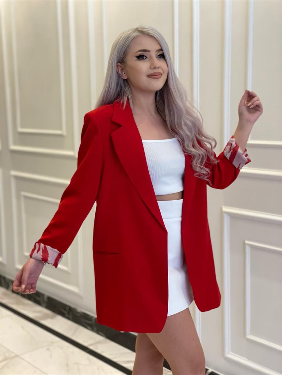 Kırmızı Astarı Zebra Desen Blazer