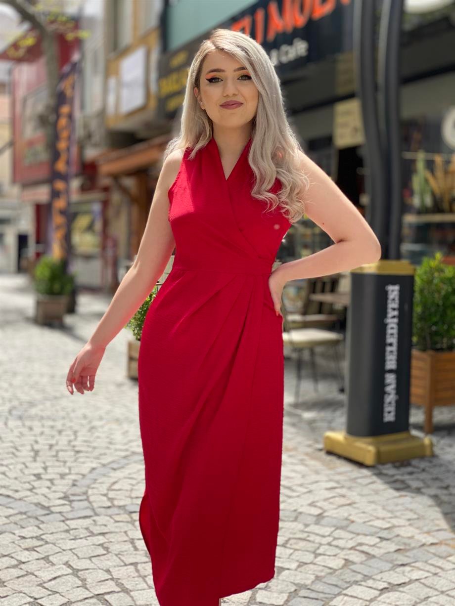 Kırmızı Ayrobin Keten Kapaklı Elbise