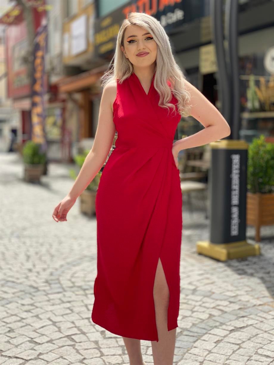Kırmızı Ayrobin Keten Kapaklı Elbise