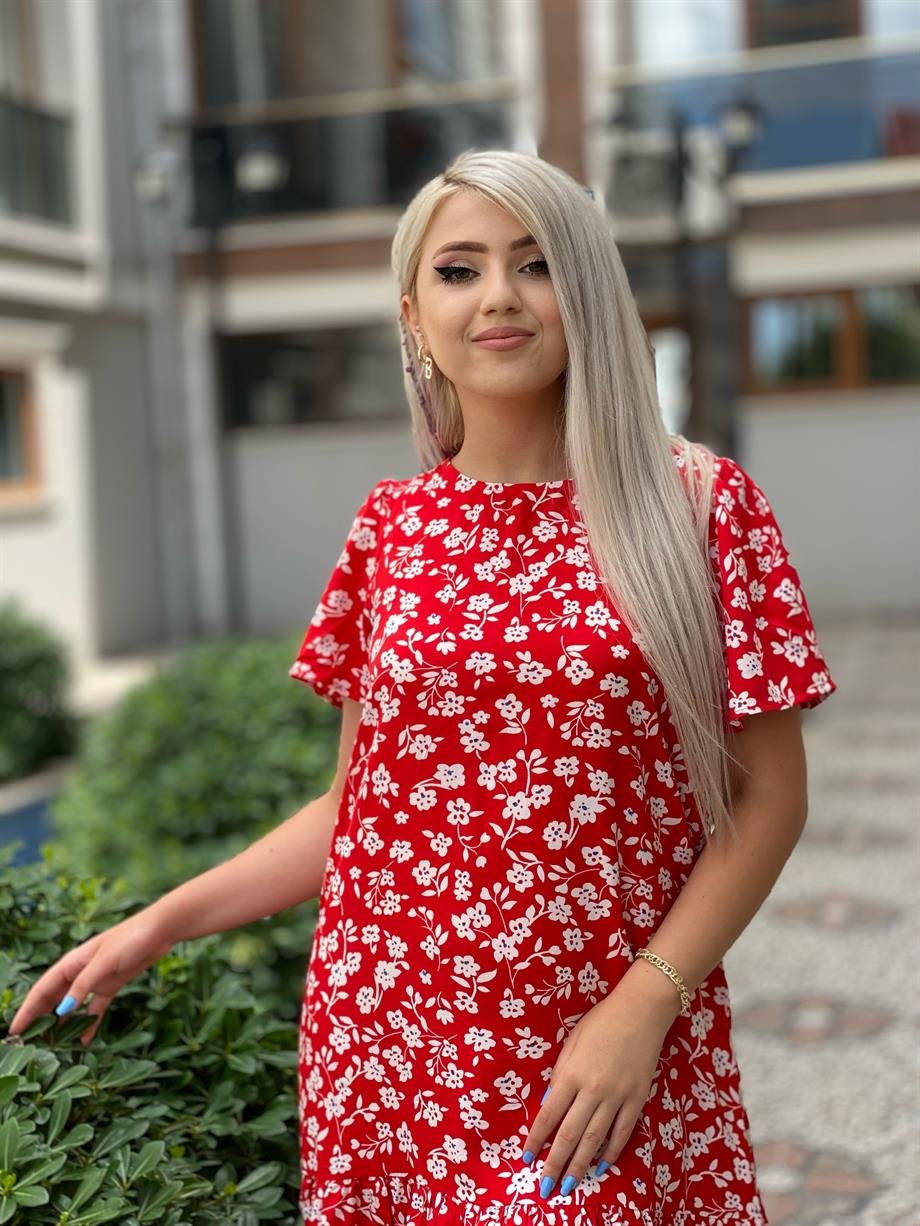 Kırmızı Çiçekli Etek Ucu Fırfırlı Pamuk Viskon Elbise