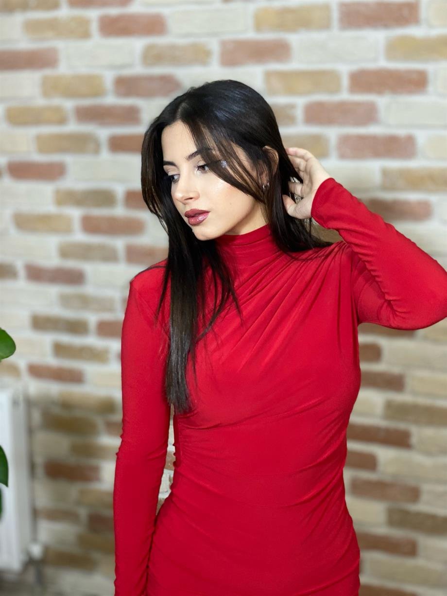 Kırmızı Drape Detaylı Elbise