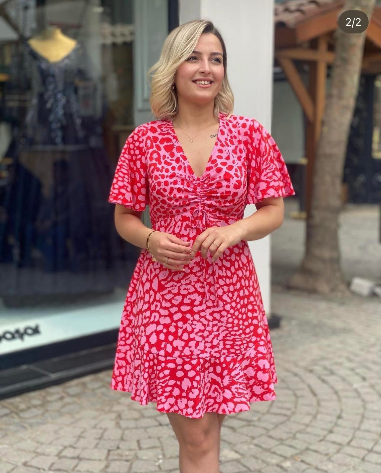Kırmızı Pembe Crep Kumaş Çıtır Elbise