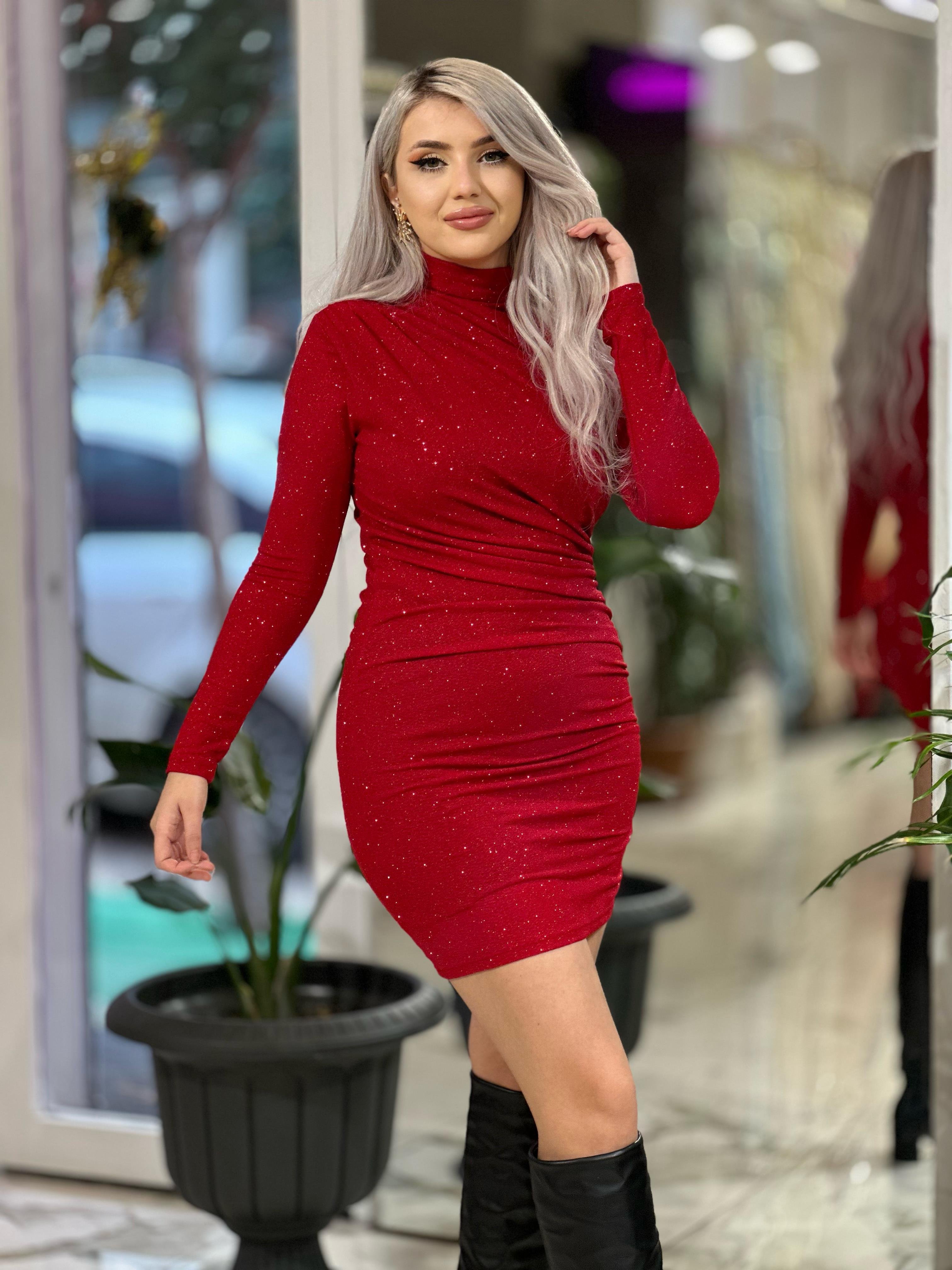 Kırmızı Zr Model Dik Yaka Drapeli Elbise