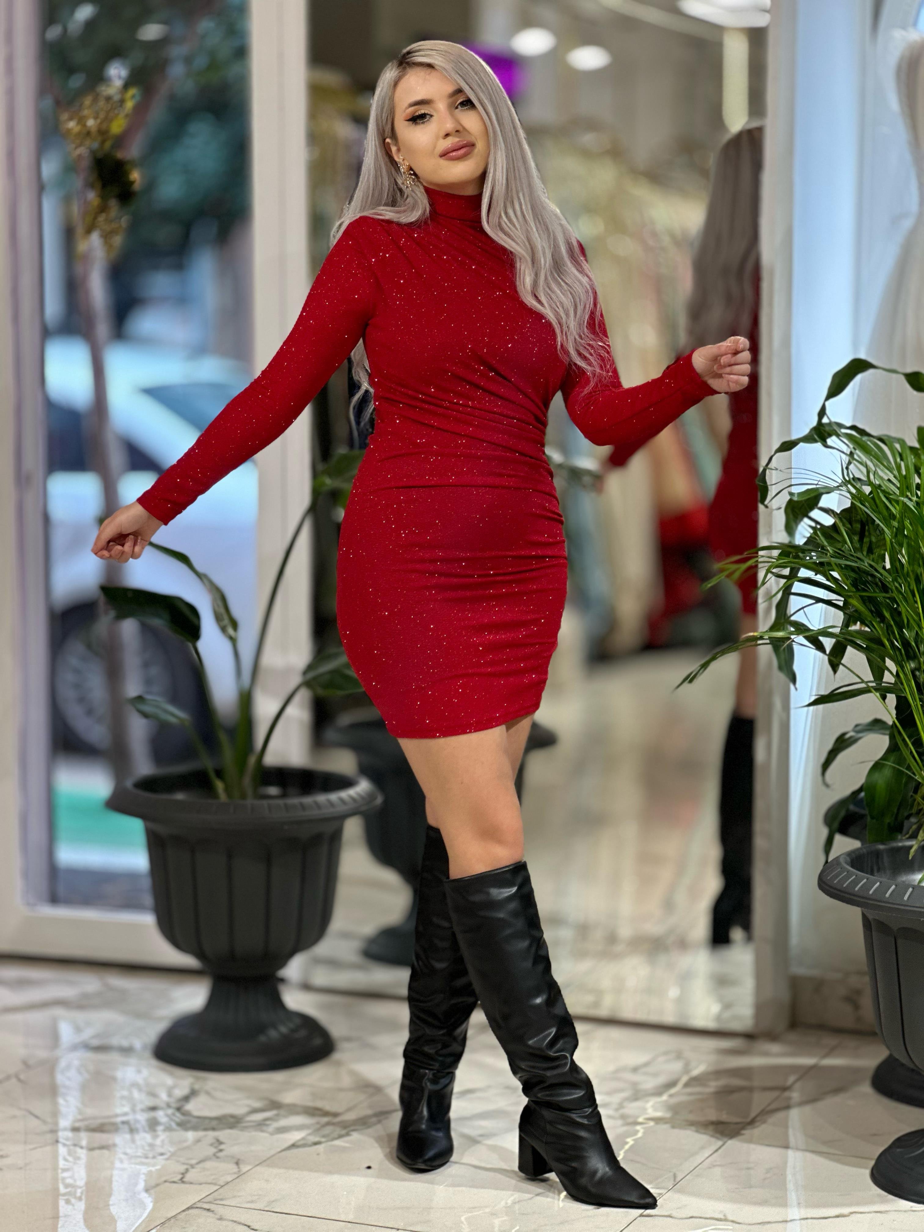 Kırmızı Zr Model Dik Yaka Drapeli Elbise