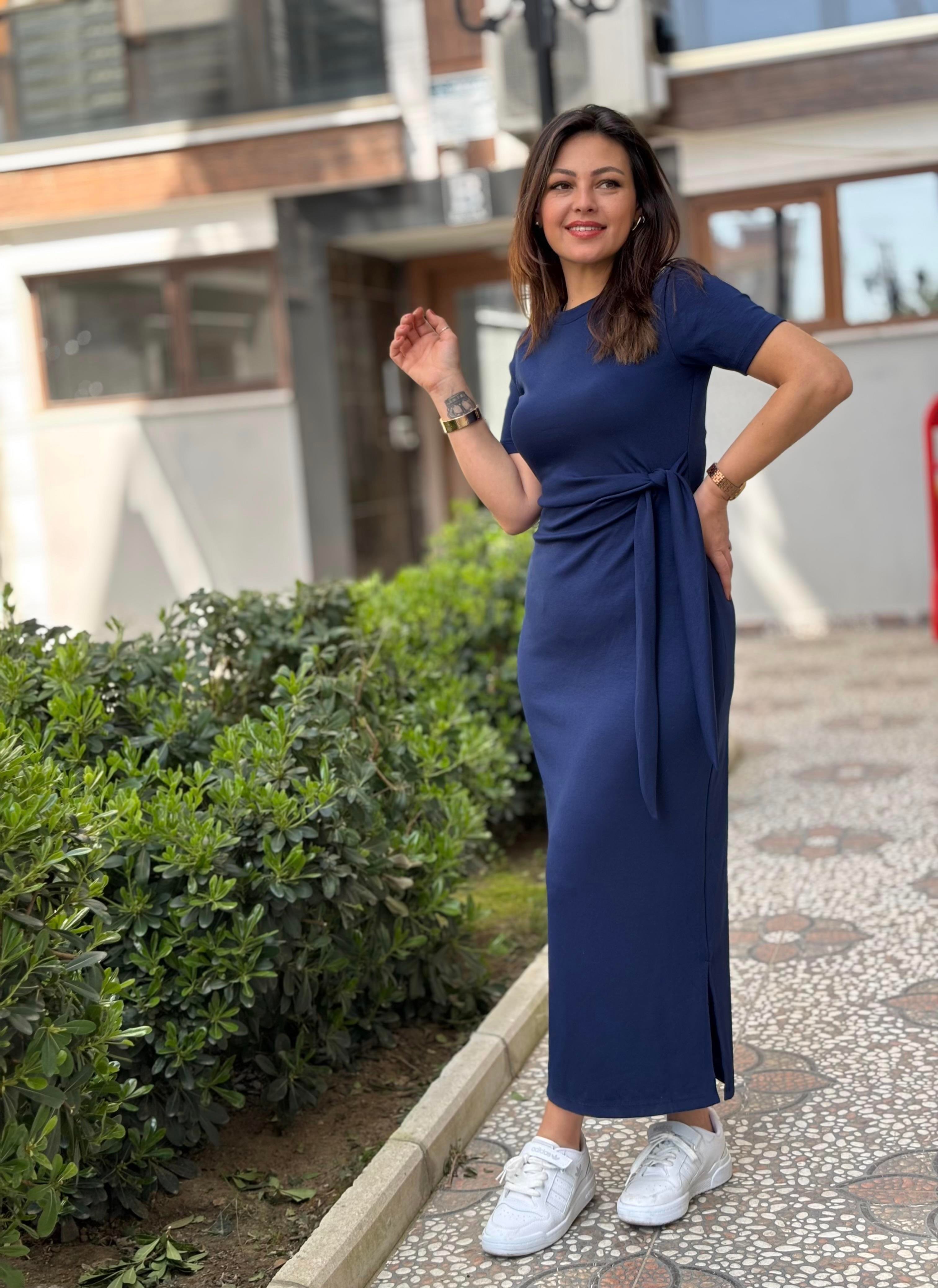 Kısa Kollu Bağlamalı Elbise Lacivert