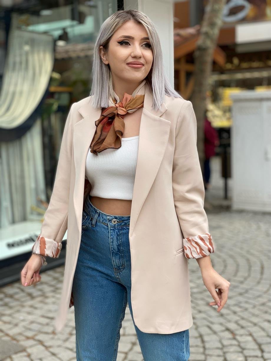 Krem Astarı Zebra Blazer