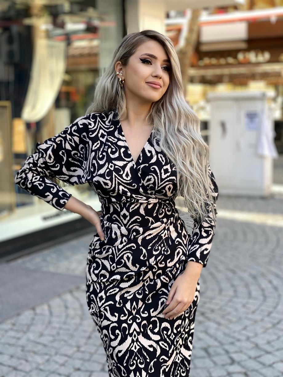 Kruvaze Yaka Drapeli Elbise