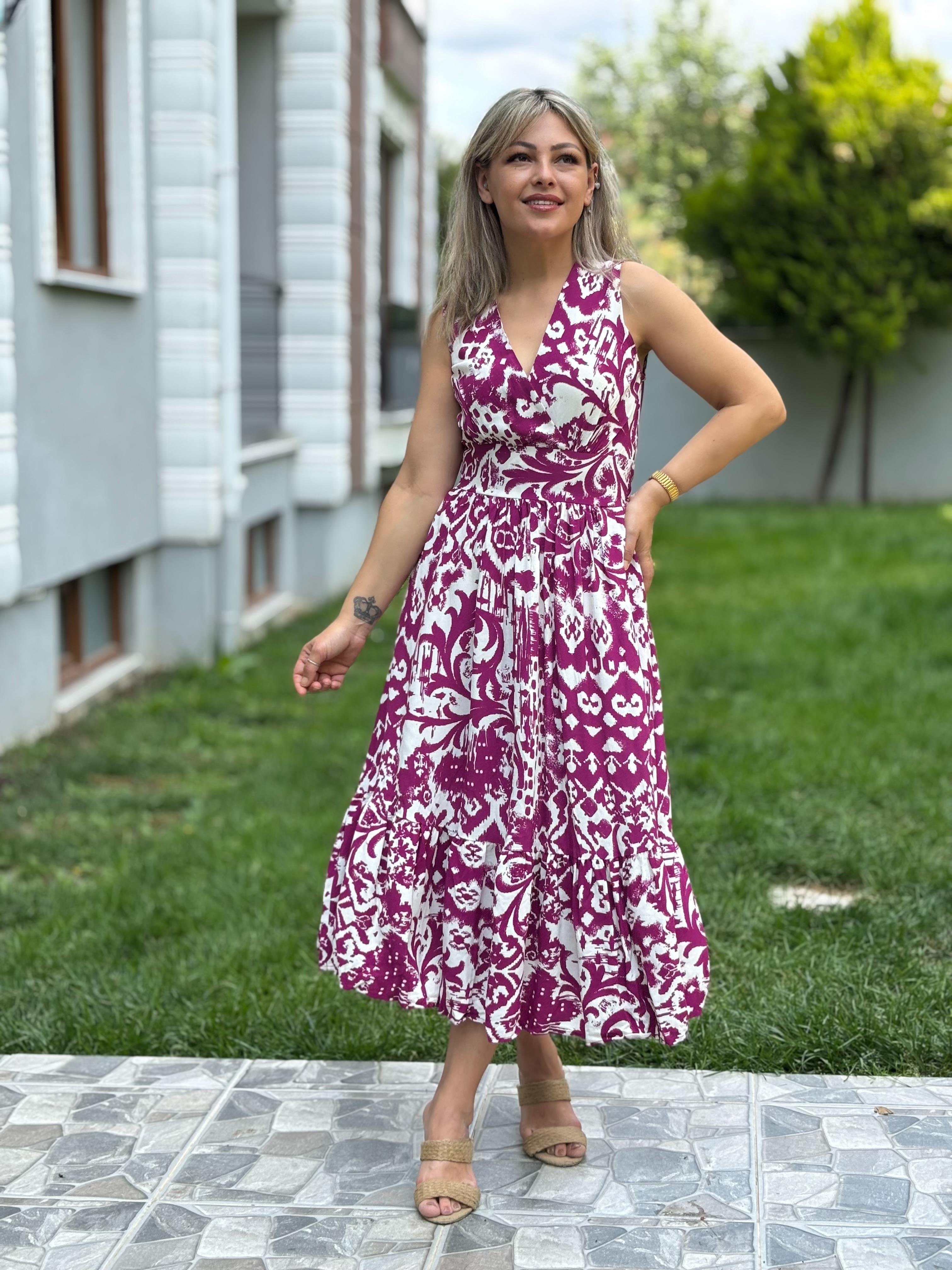Kruvaze Yaka Fuşya Elbise