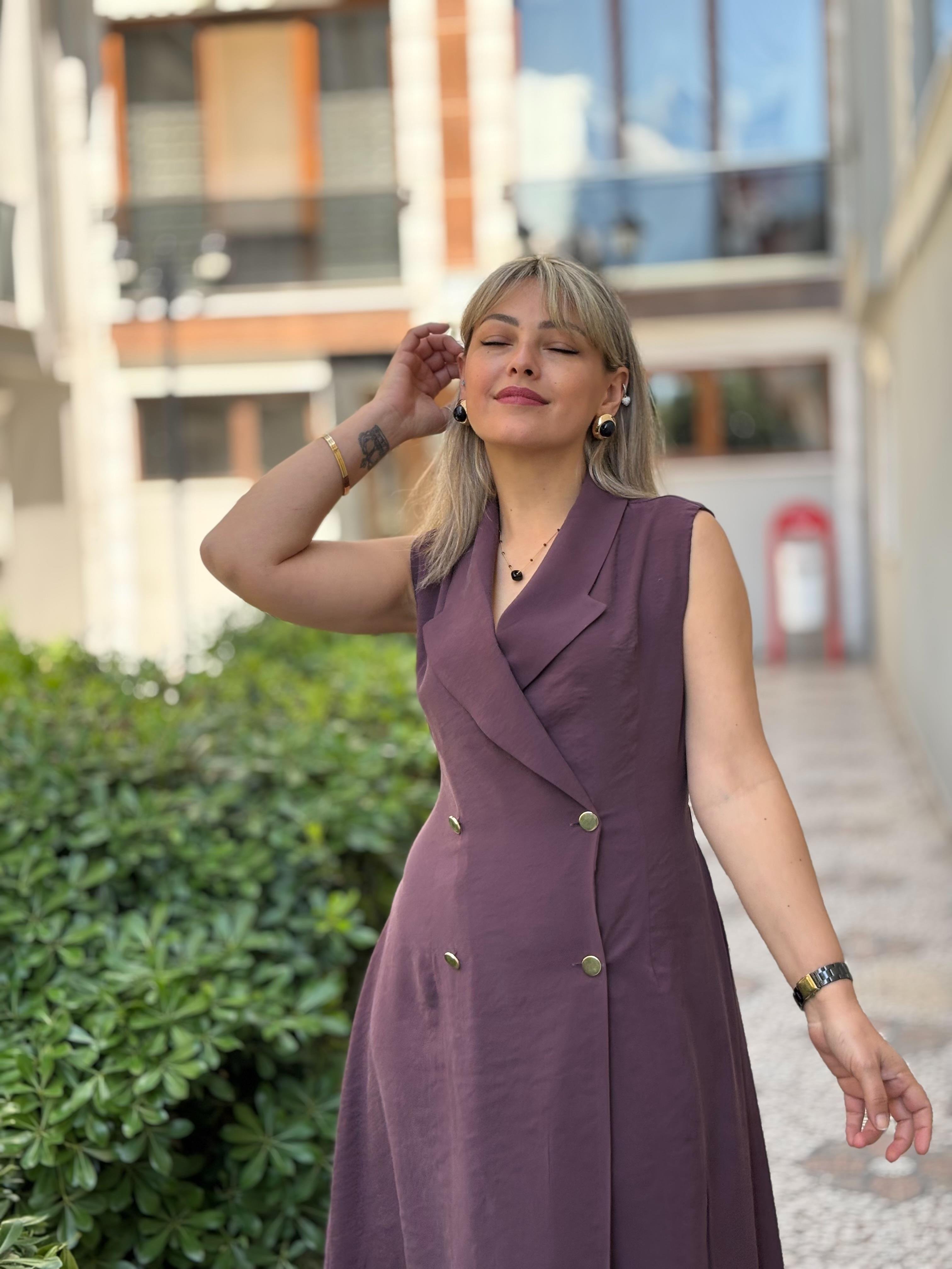 Kruvaze Yaka Modal Kumaş Mürdüm Elbise