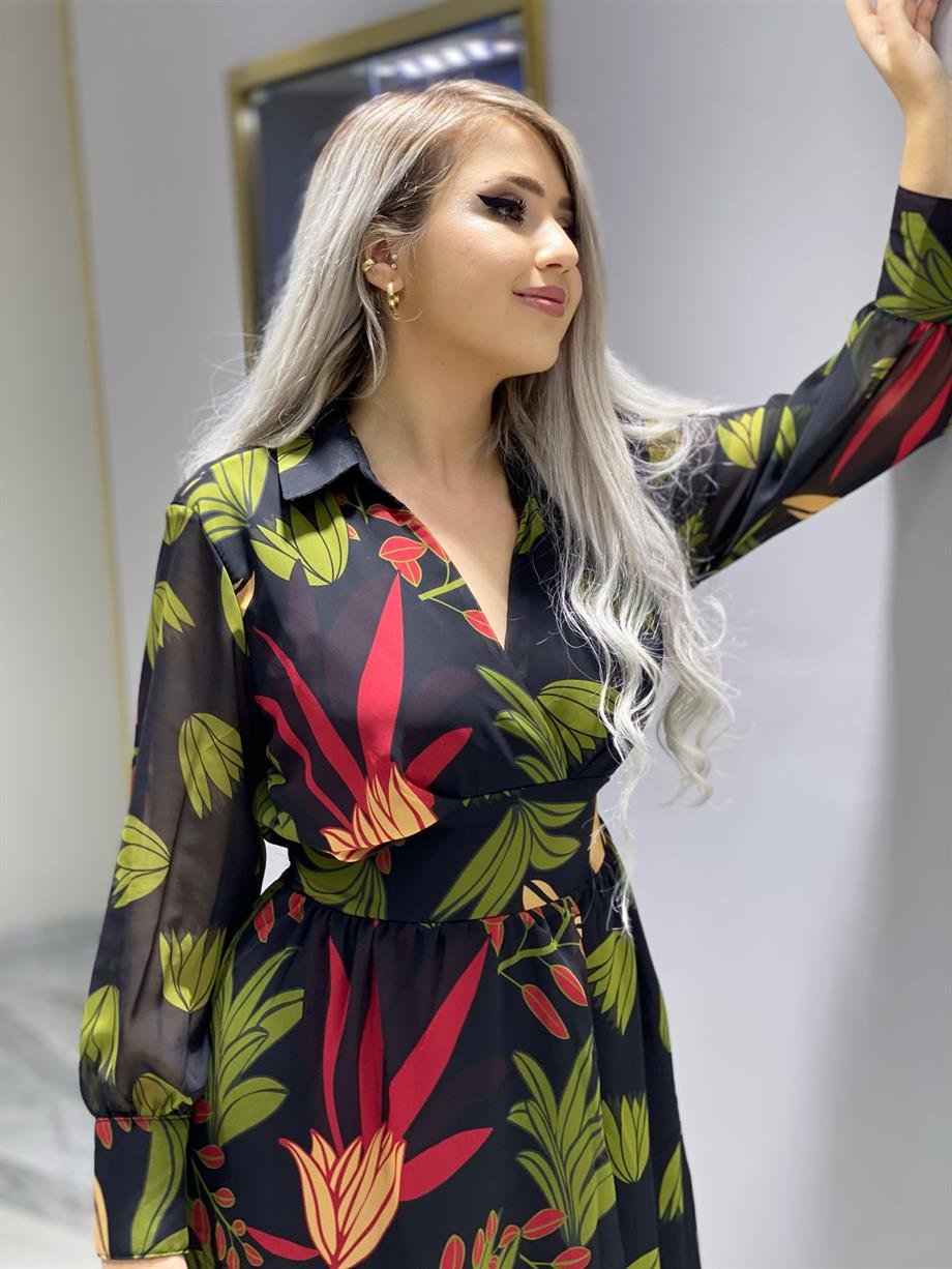 Kruvaze Yaka Şifon Elbise 