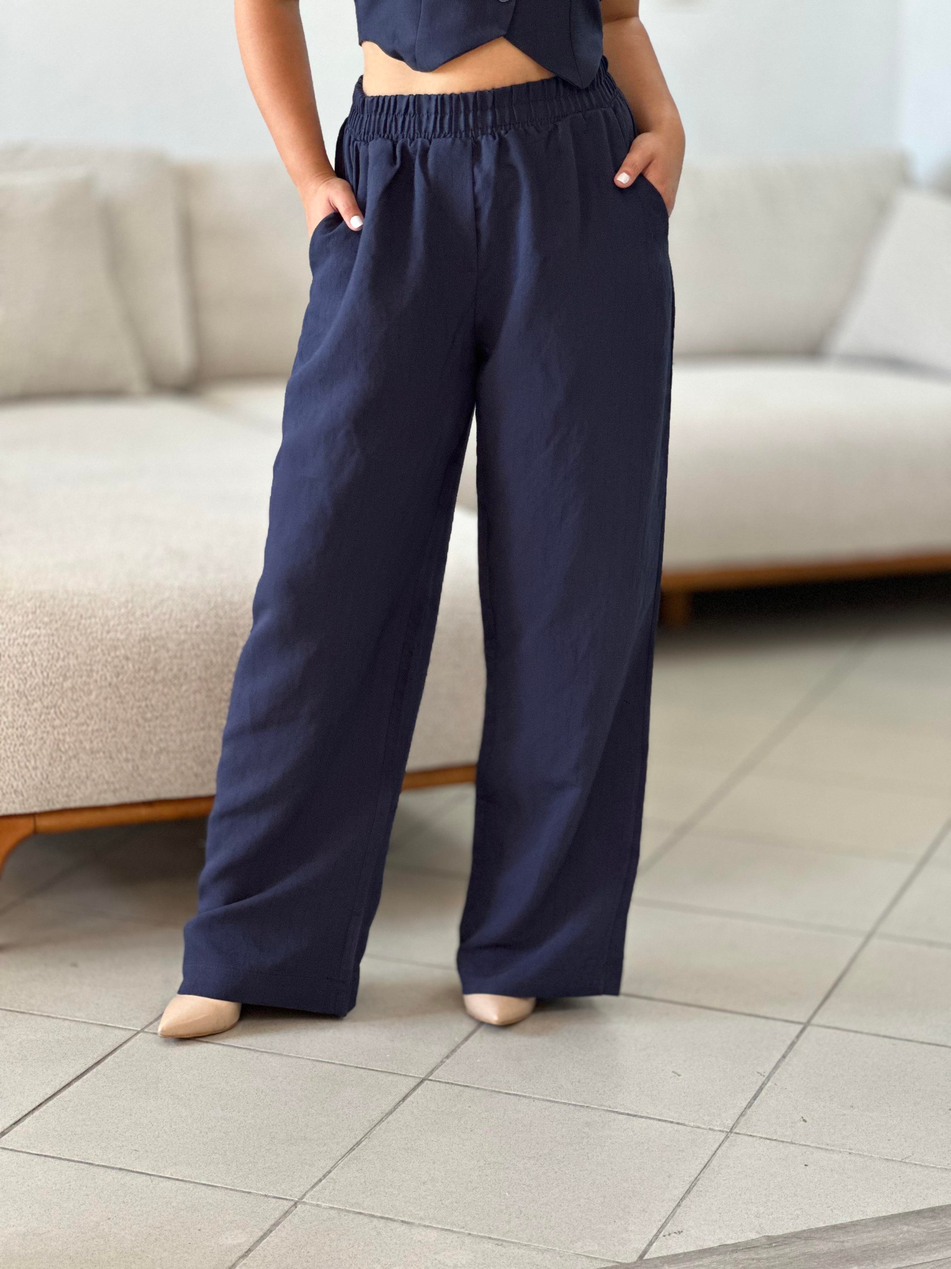 Lacivert Beli Lastikli Keten Pantalon