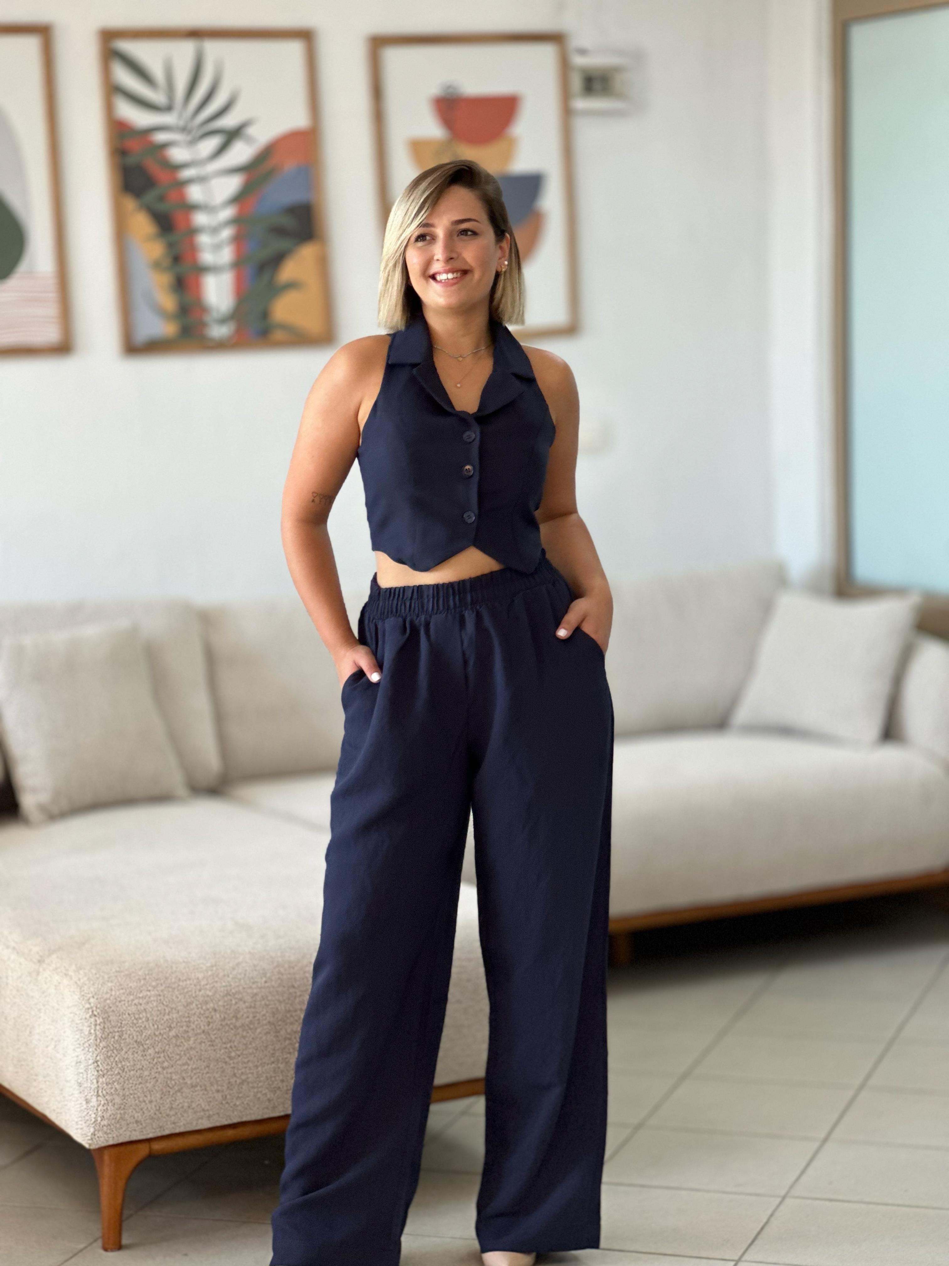 Lacivert Beli Lastikli Keten Pantalon
