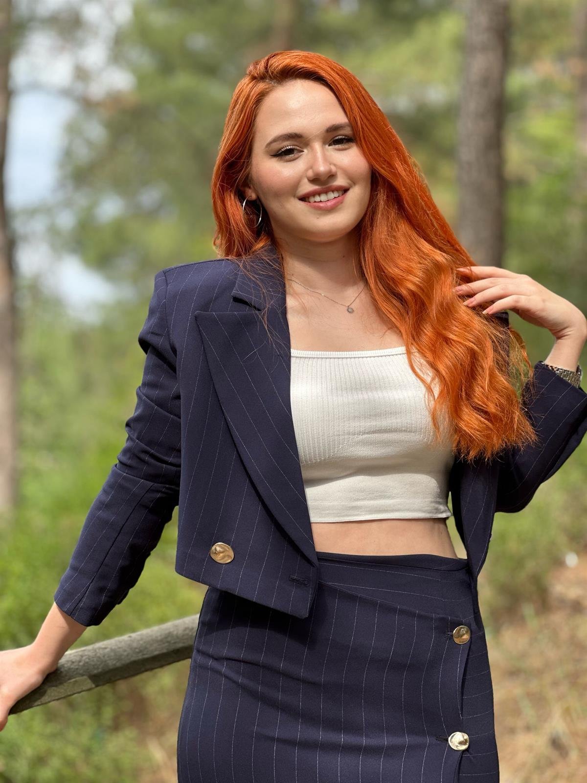 Lacivert Gold Düğme Çizgili Etekli Takım