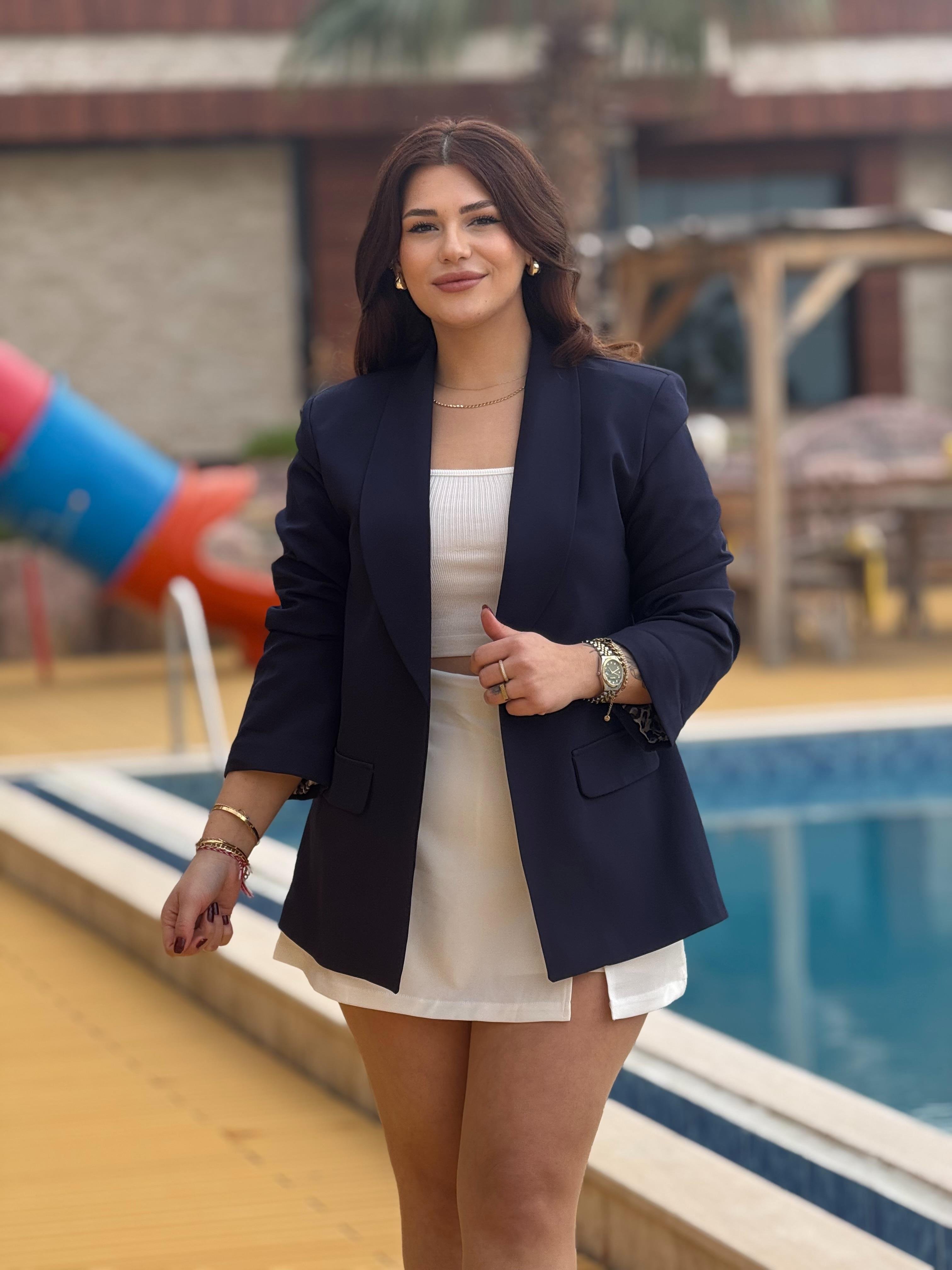 Lacivert Leopar Astarlı Blazer Ceket