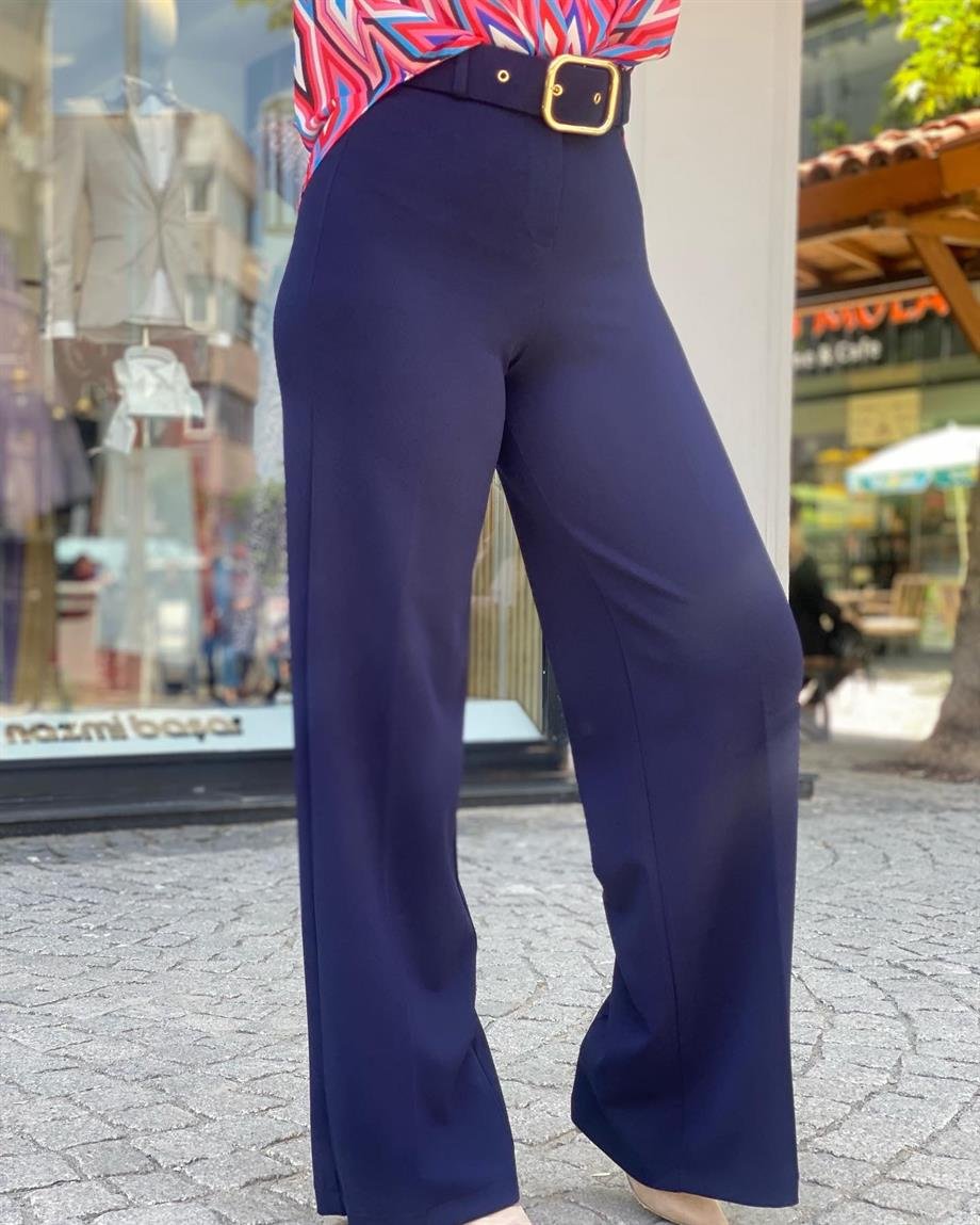 Lacivert Yüksek Bel Kemerli Palazzo Pantalon 