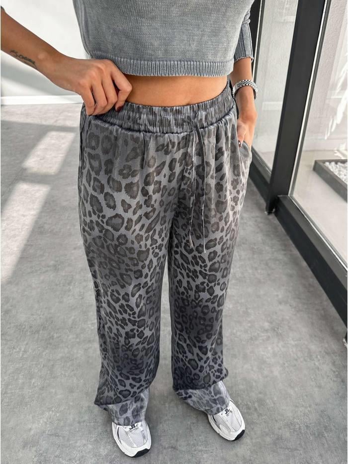 Leopar Beli Lastikli Pantalon Gri