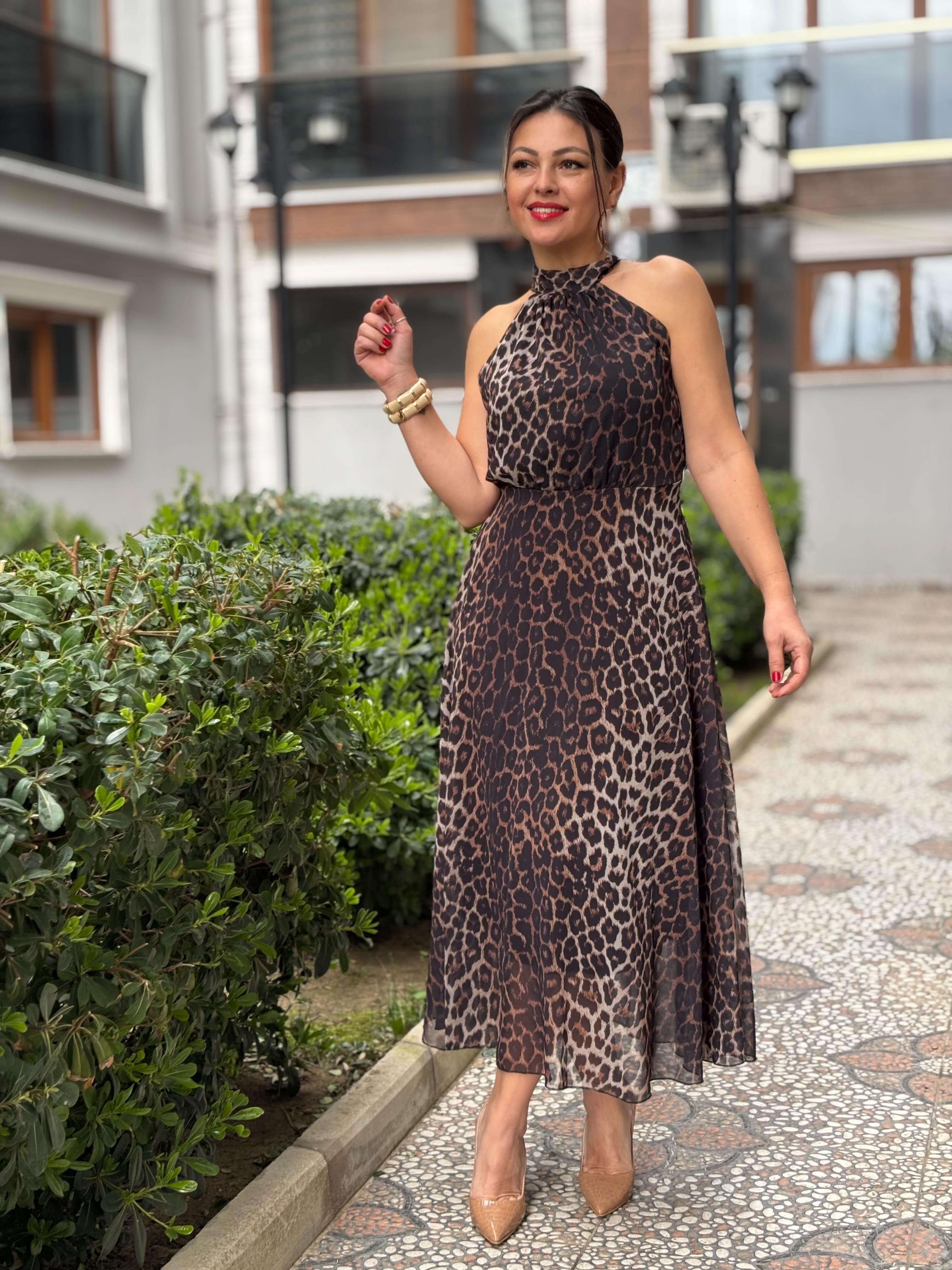 Leopar Desen Fişon Elbise