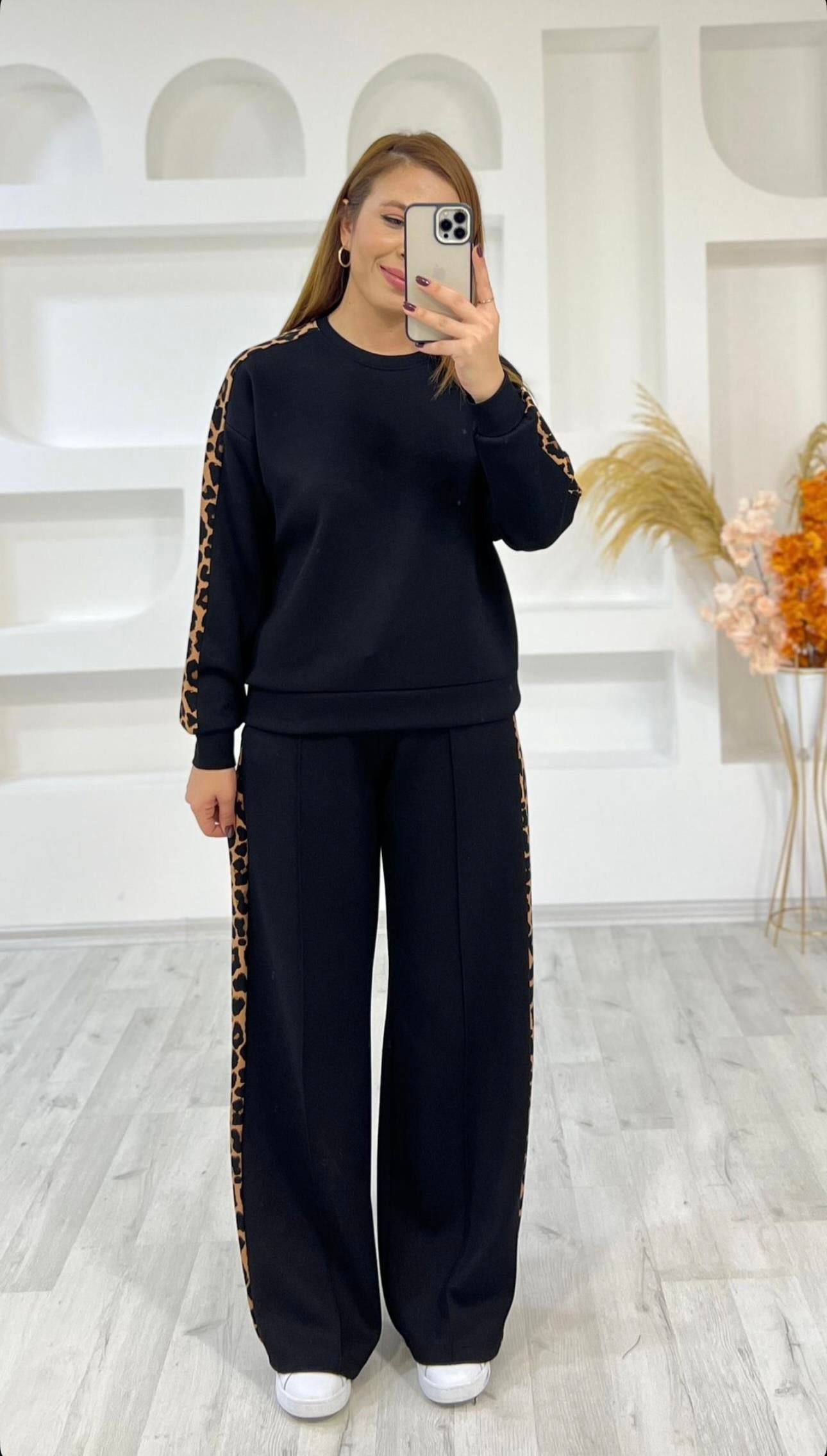 Leopar Detaylı Siyah Takım 