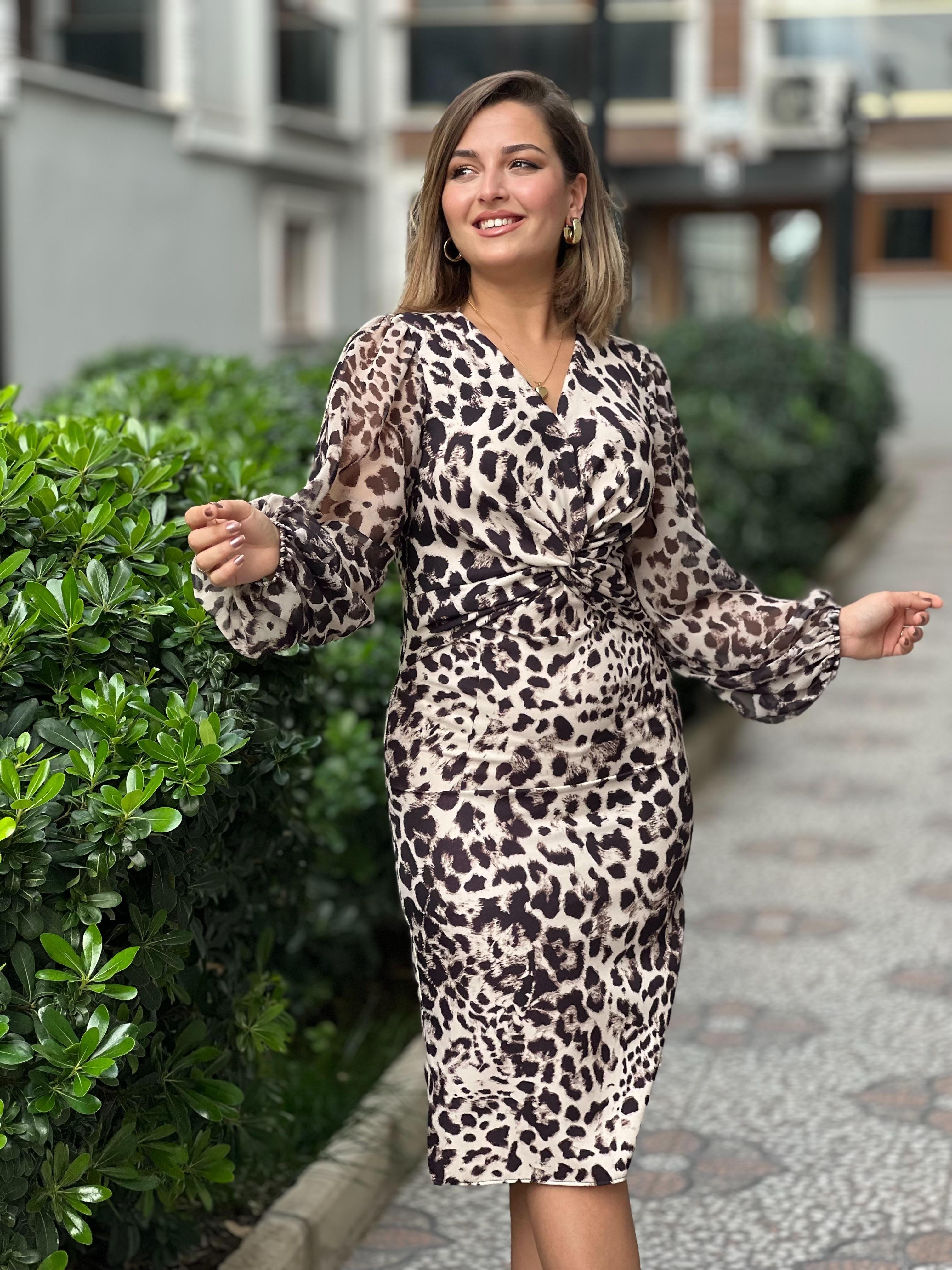 Leopar Kol Detayı Şifon Elbise