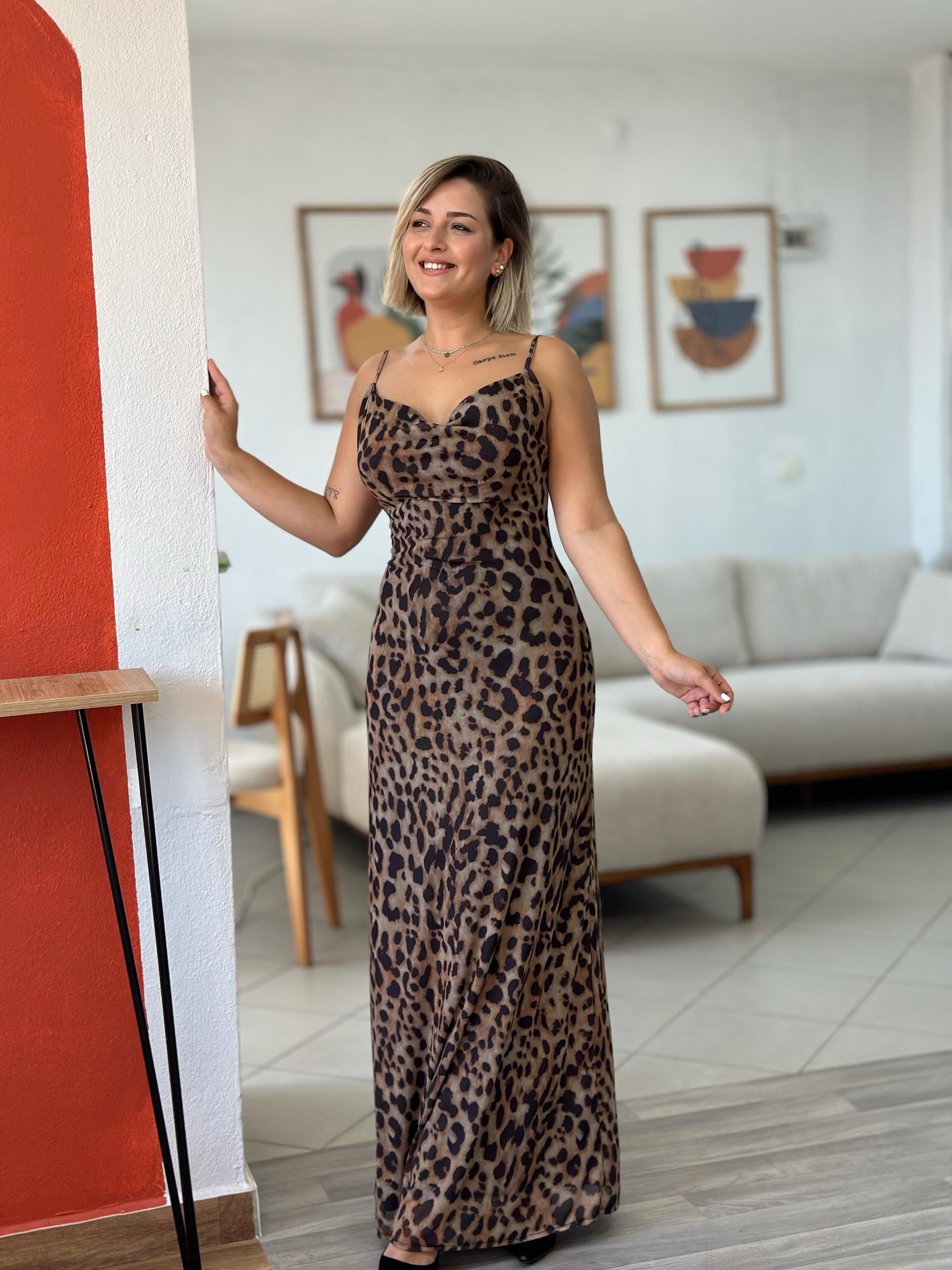 Leopar Şifon Elbise