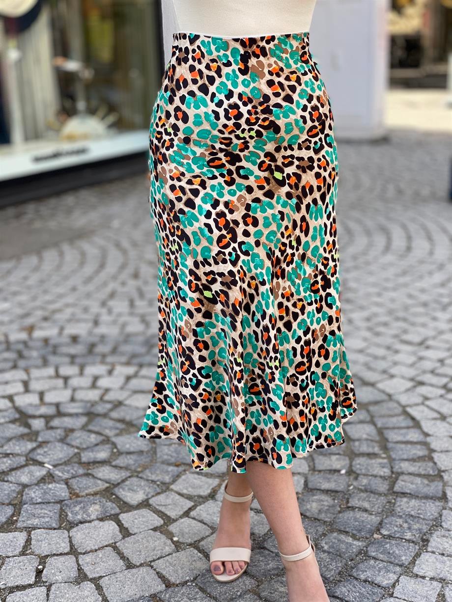 Leopar Yeşil Saten Etek