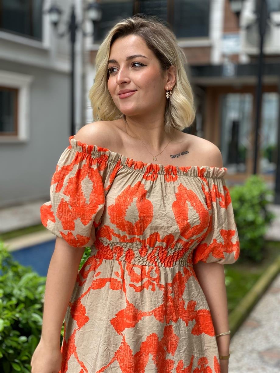 Madonna Yaka Nar Çiçeği Elbise