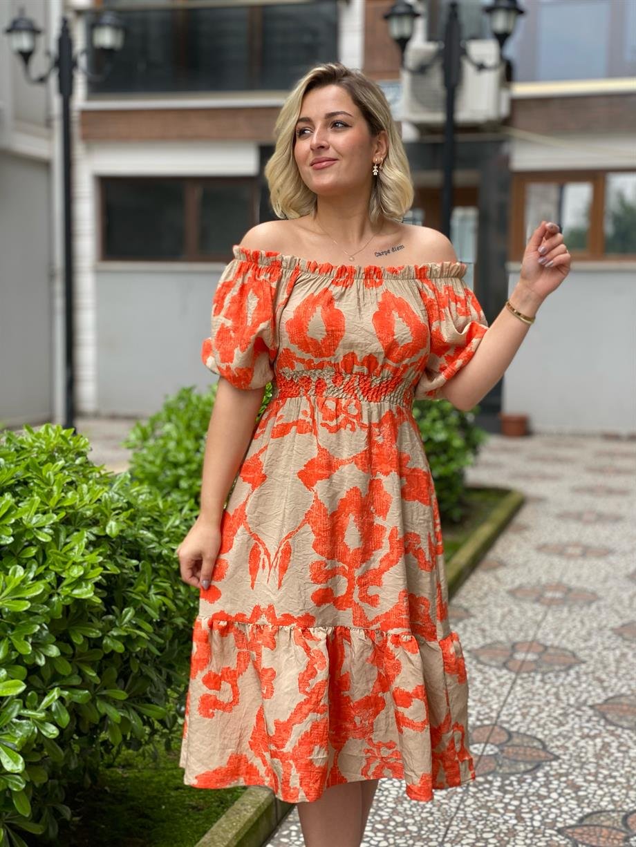 Madonna Yaka Nar Çiçeği Elbise