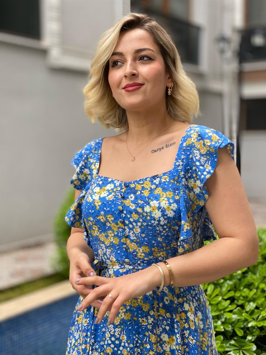 Mavi Çiçekli Sırt Gipeli Elbise
