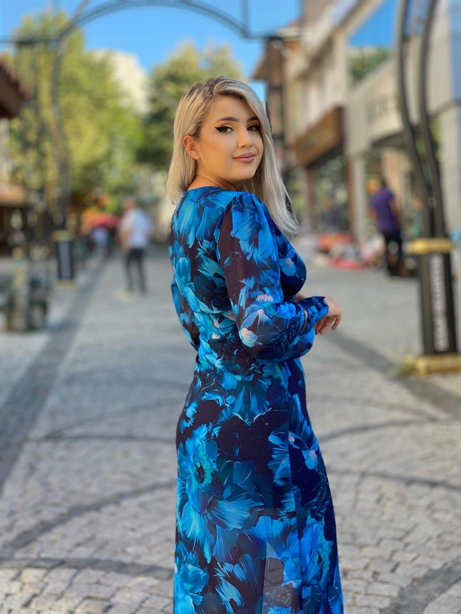 Mavi Desenli Şifon Midi Boy Tasarım Elbise 