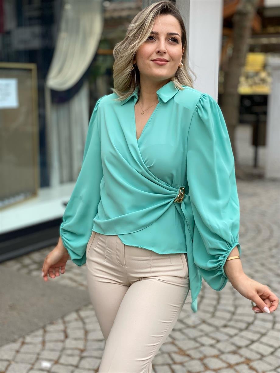Mint Toka Detaylı Şifon Bluz