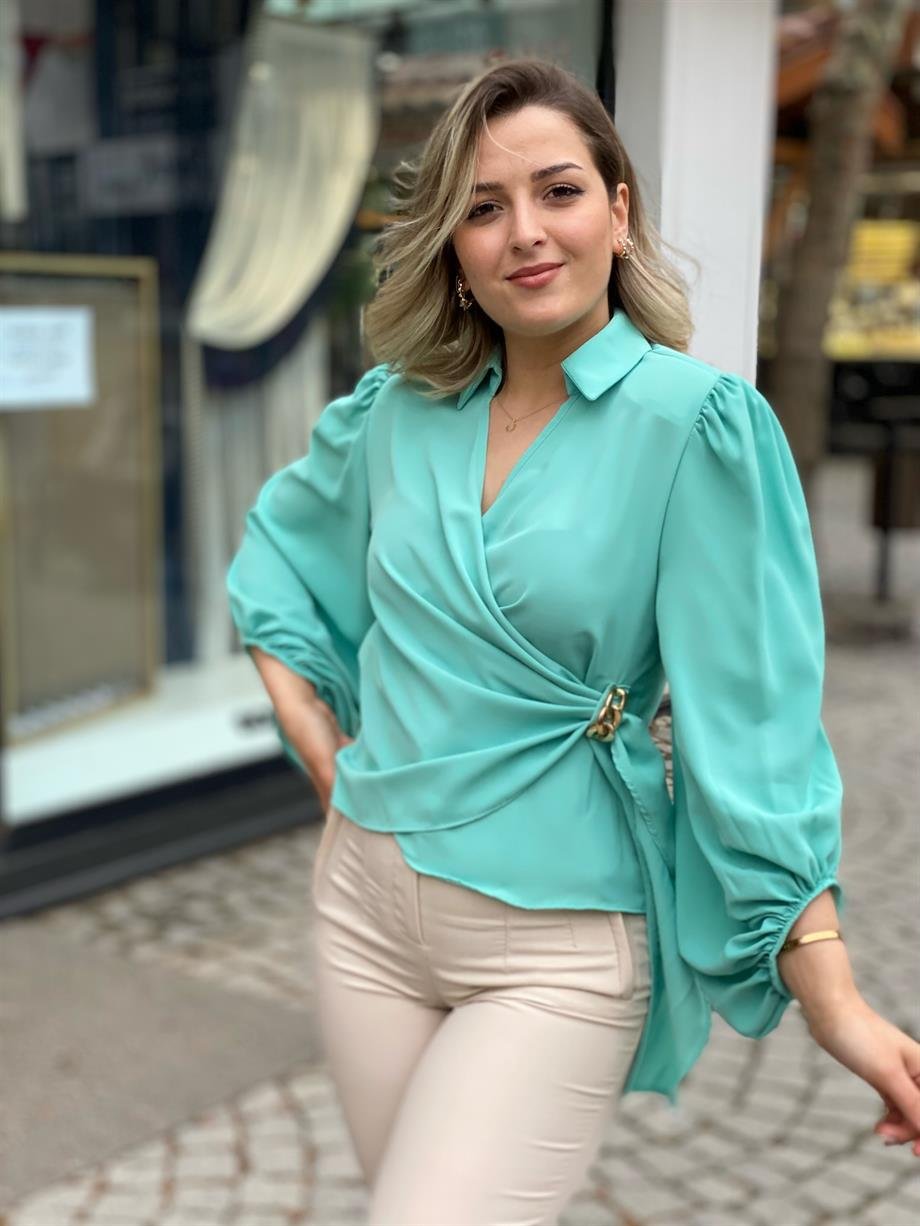 Mint Toka Detaylı Şifon Bluz