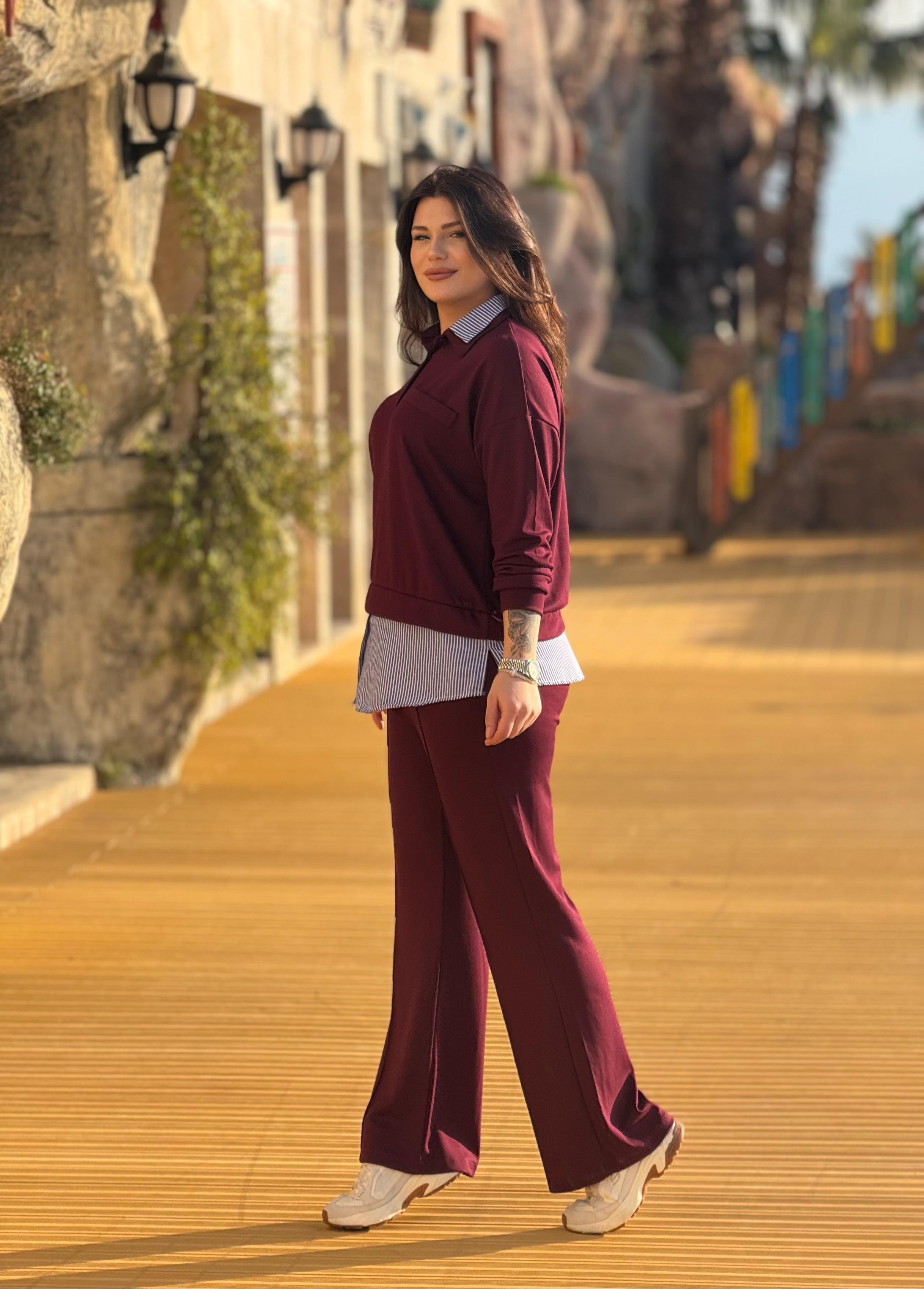 Modal Kumaş Gömlek Detaylı Takım Bordo 