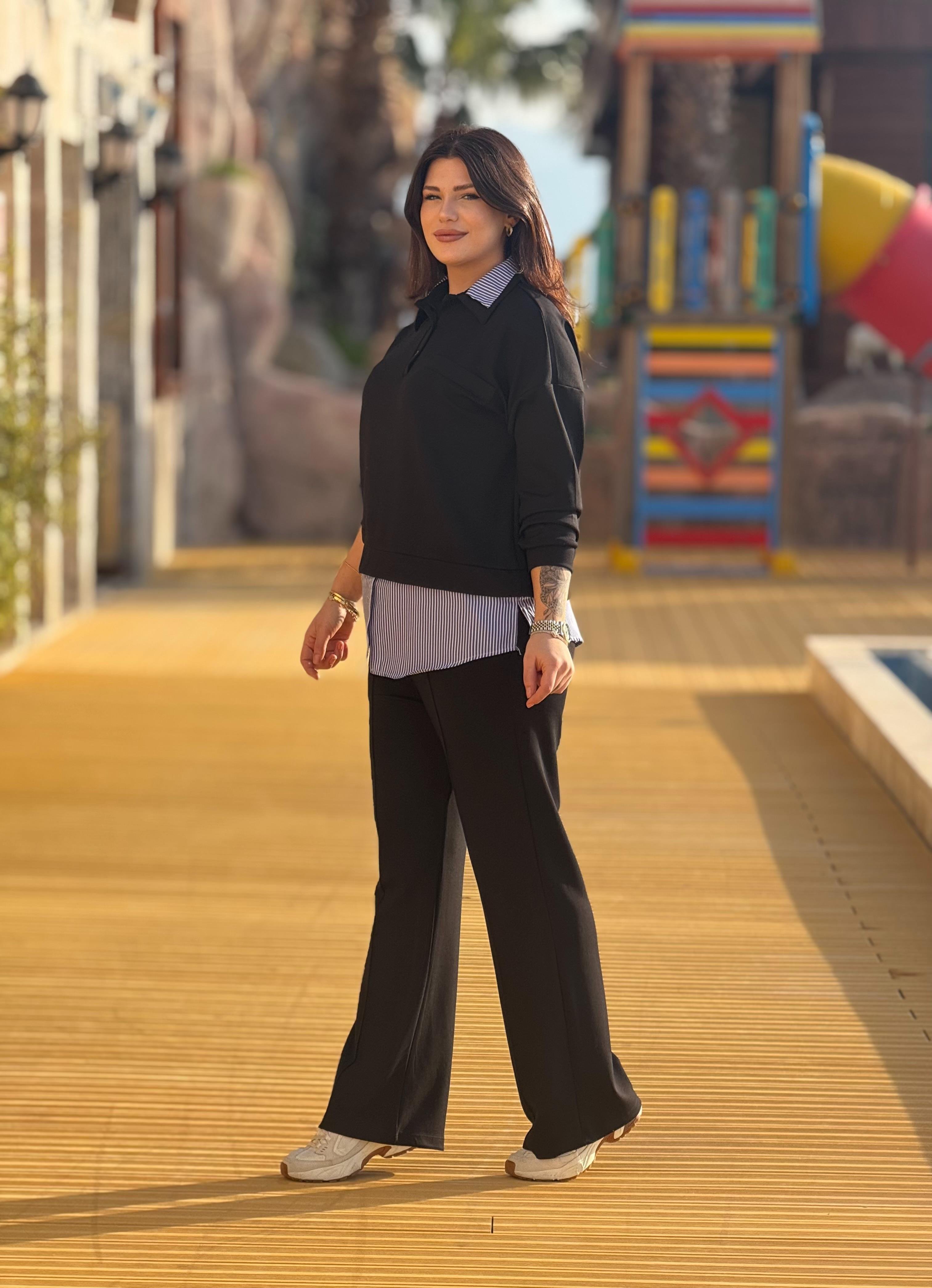 Modal Kumaş Gömlek Detaylı Takım Siyah