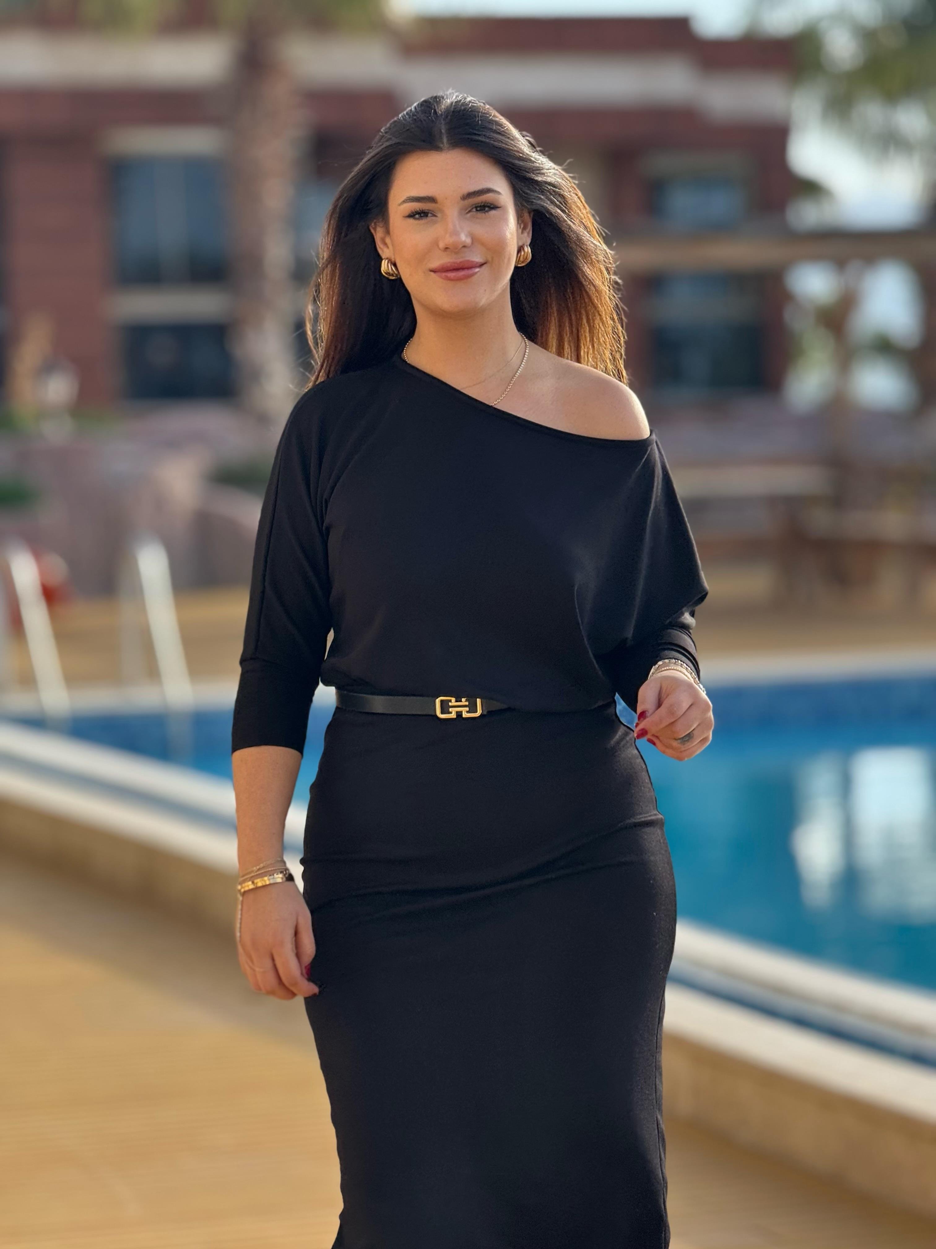 Modal Kumaş Kayık Yaka Siyah Elbise