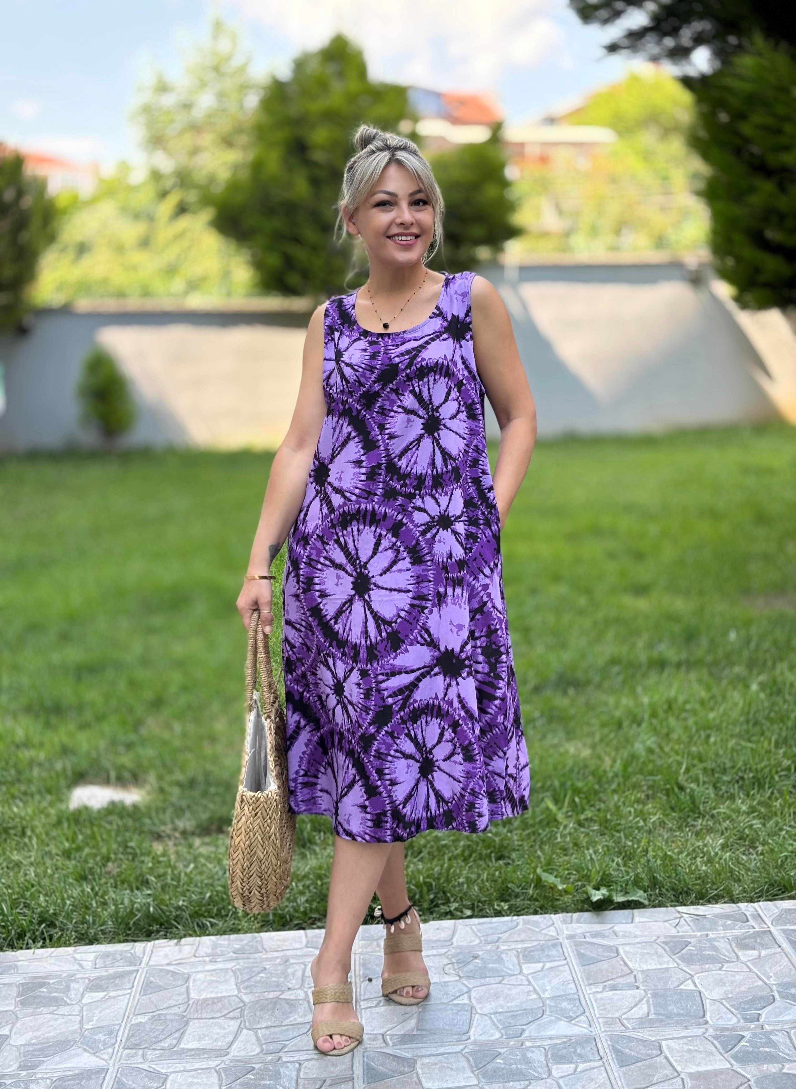 Mor Cepli Askılı Elbise