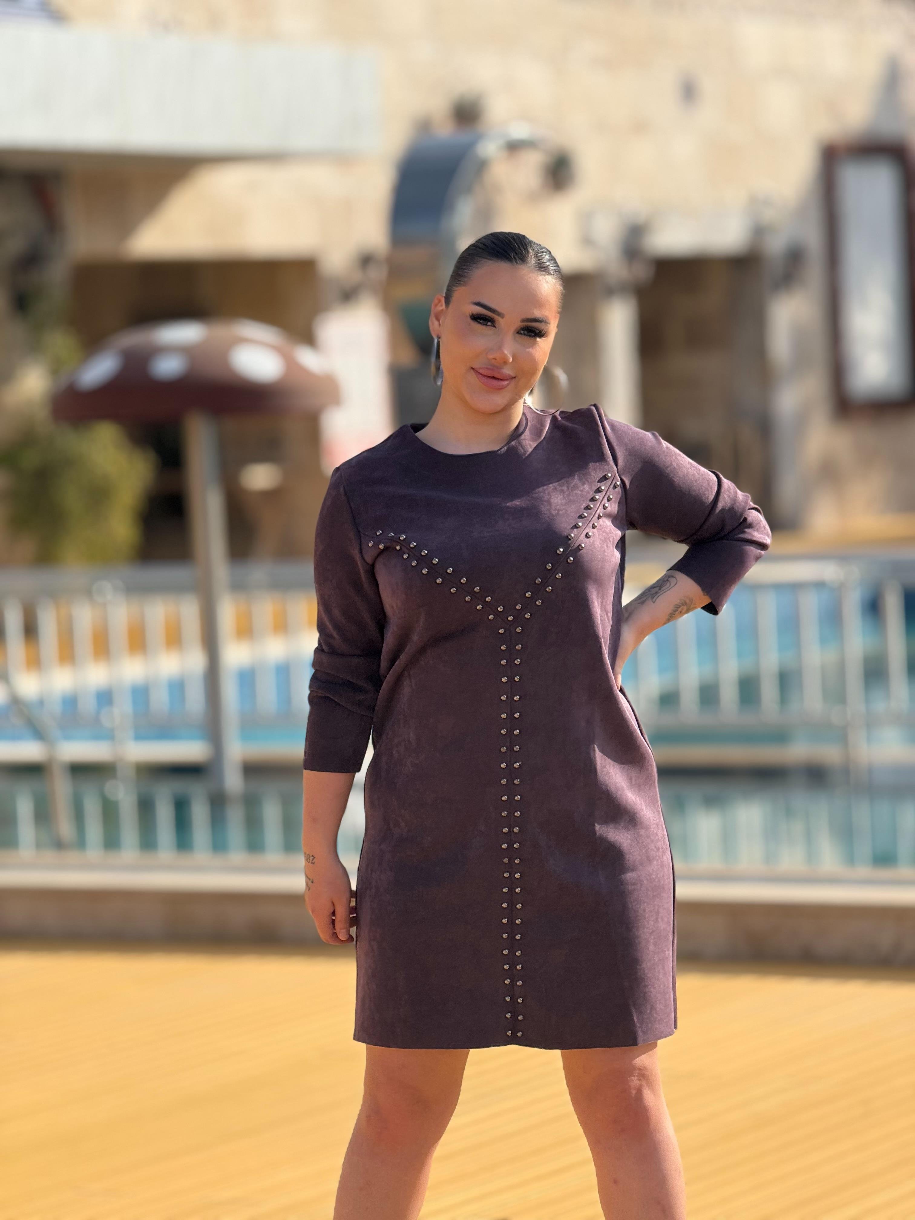 Mürdüm Zımbalı Süet Elbise
