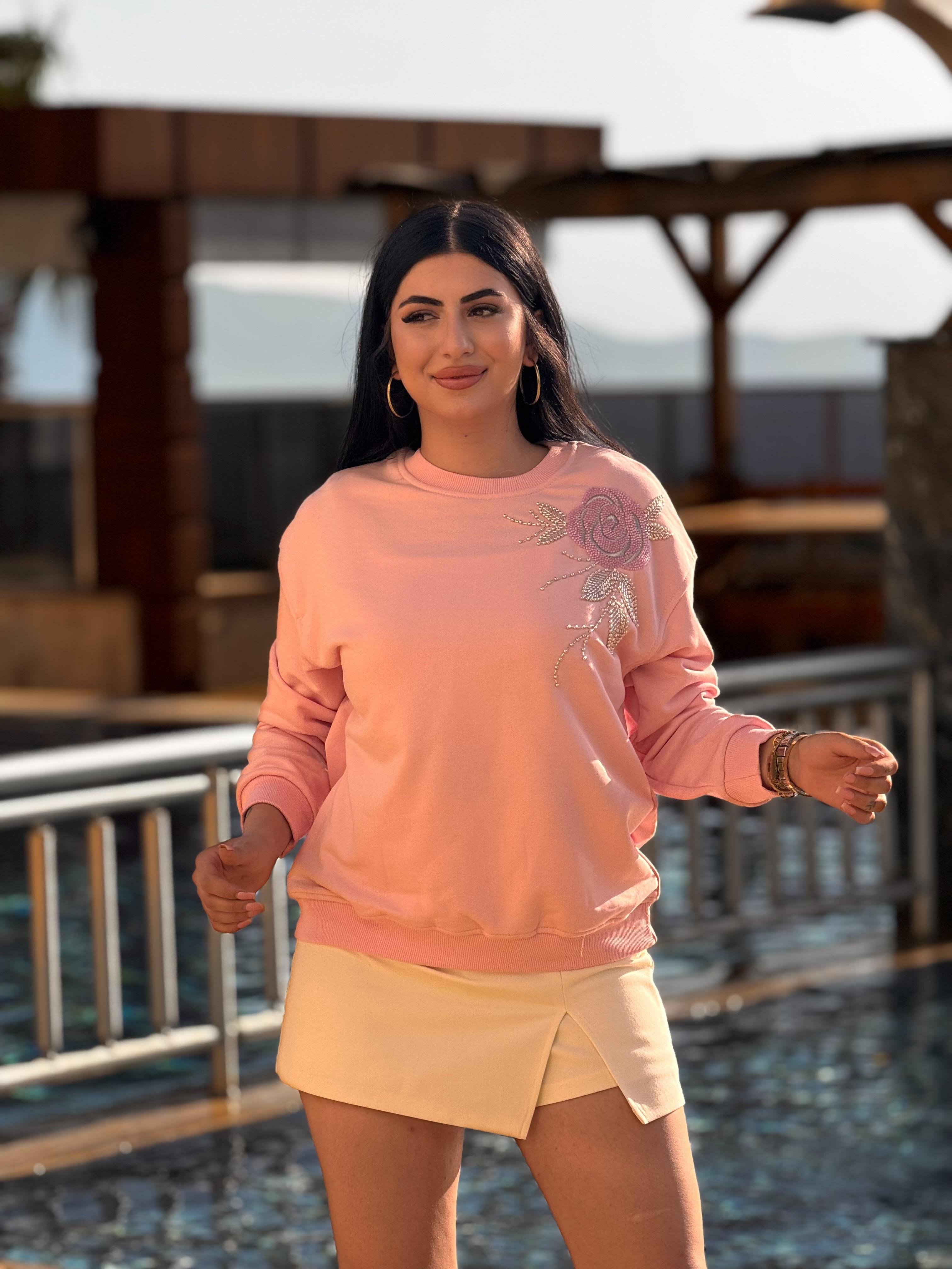 Nakış İşlemeli 2 İplik Pembe Sweat