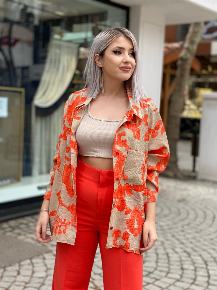 Nar Çiçeği Desenli Oversize Gömlek