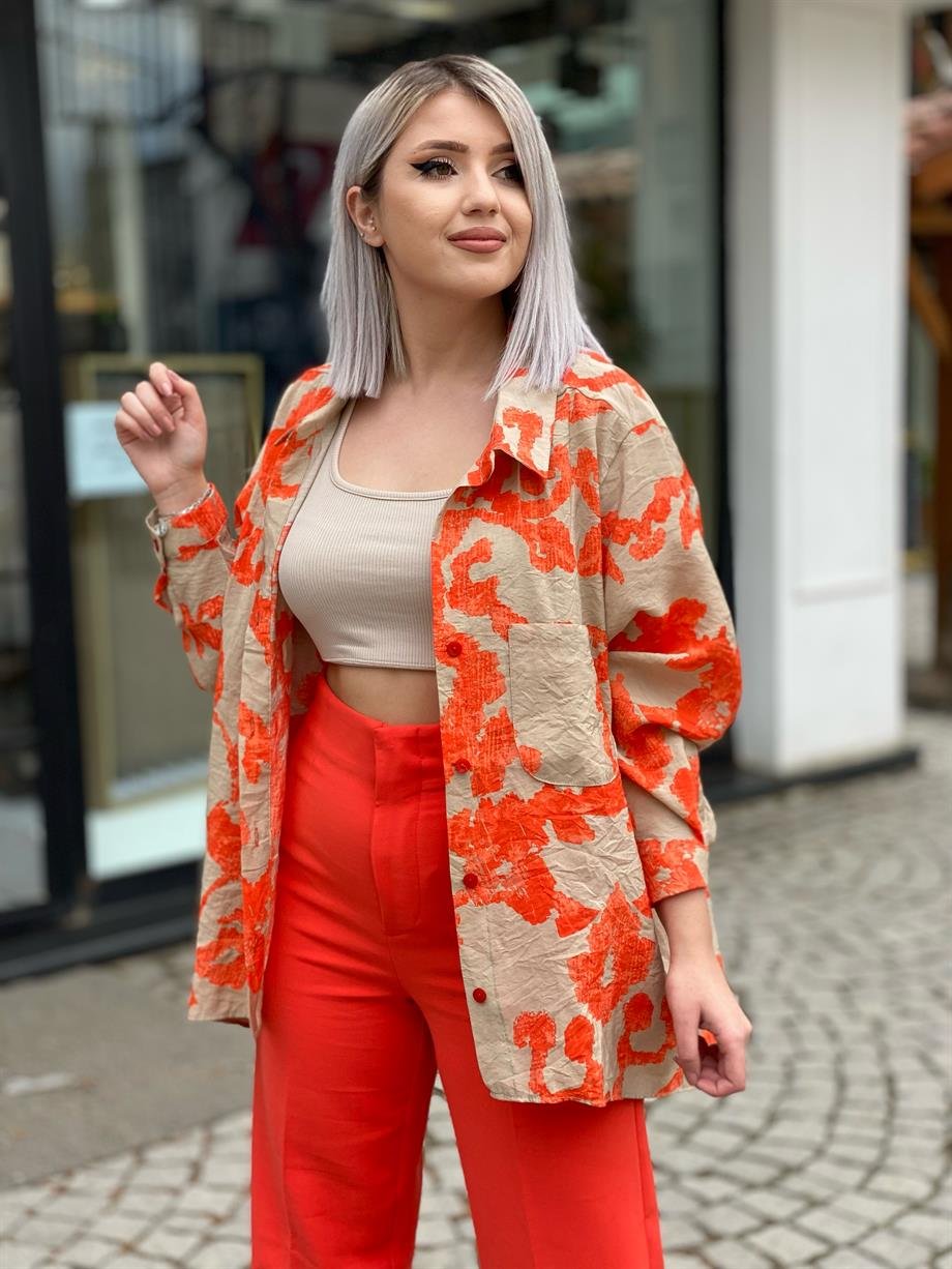 Nar Çiçeği Desenli Oversize Gömlek