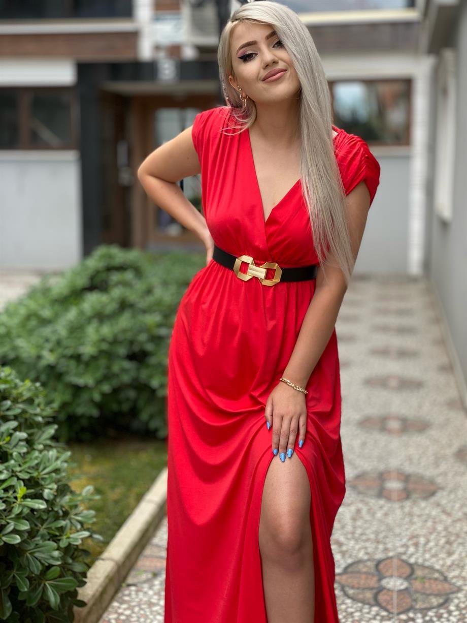 Nar Çiçeği Omuz Vatkalı Tasarım Elbise