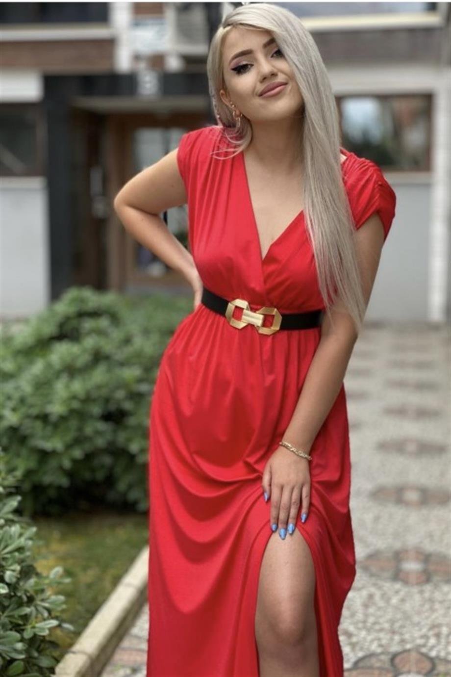 Nar Çiçeği Omuz Vatkalı Tasarım Elbise