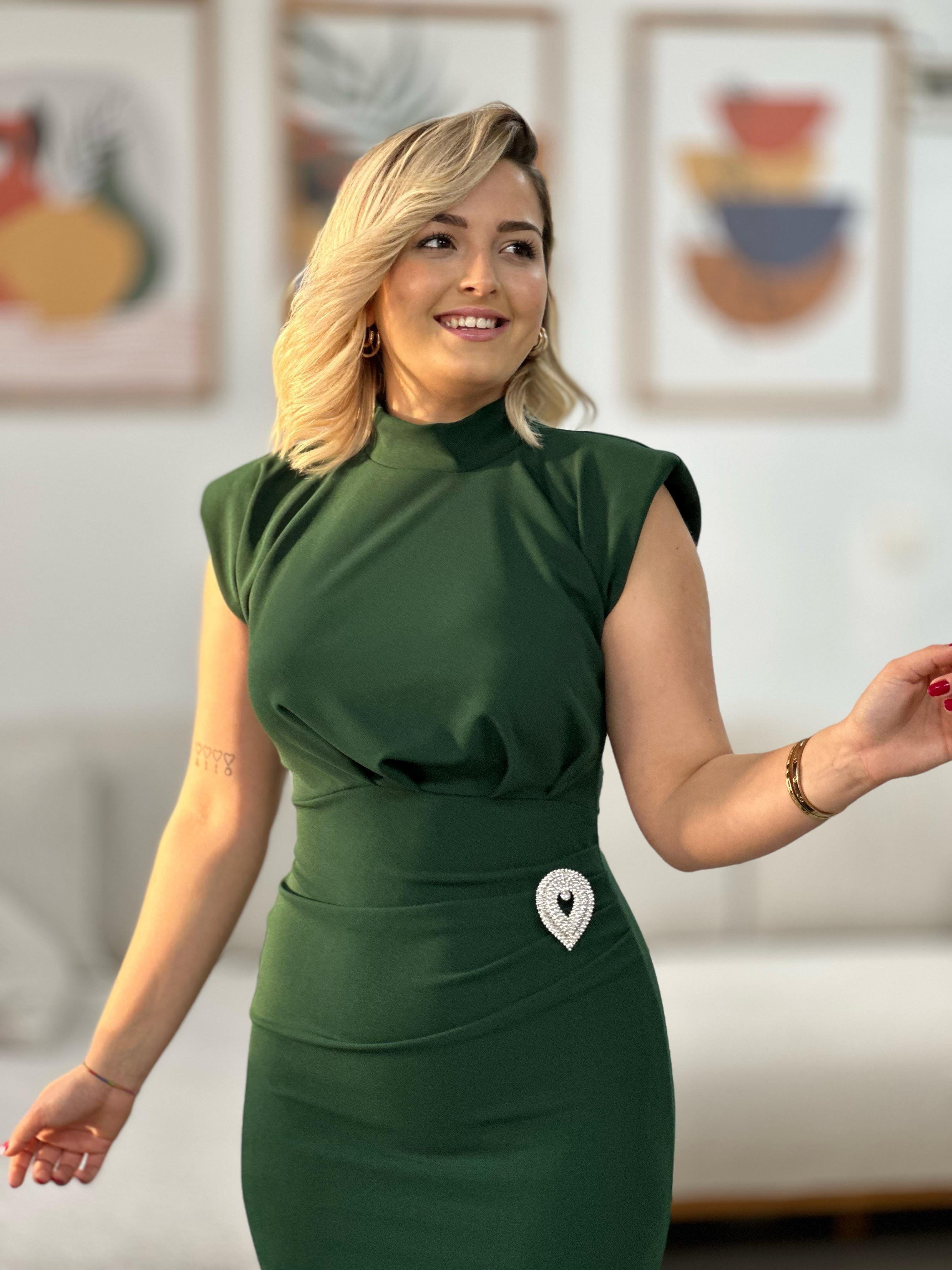 Omuz Vatkalı Broş Detay Haki Elbise