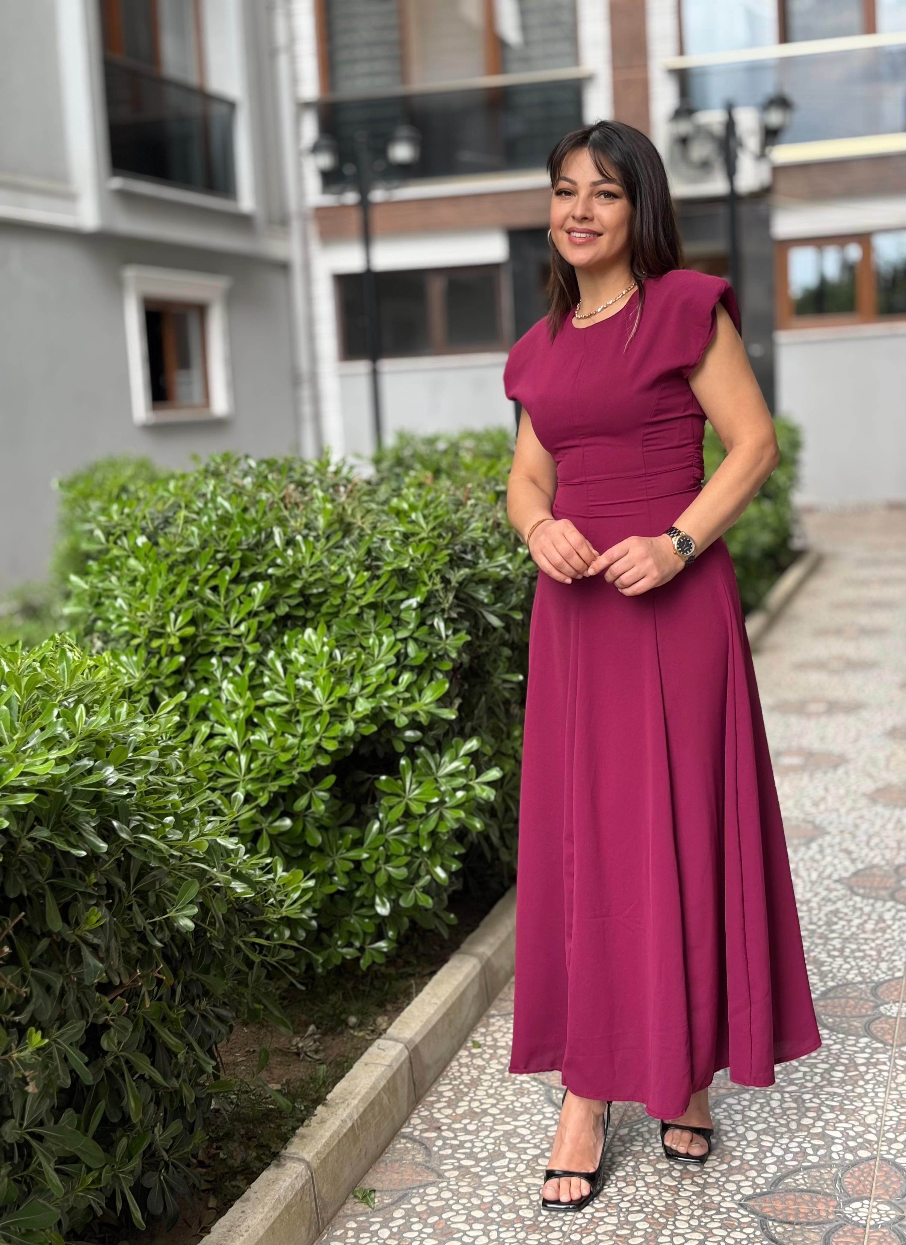 Omuz Vatkalı Fuşya Elbise