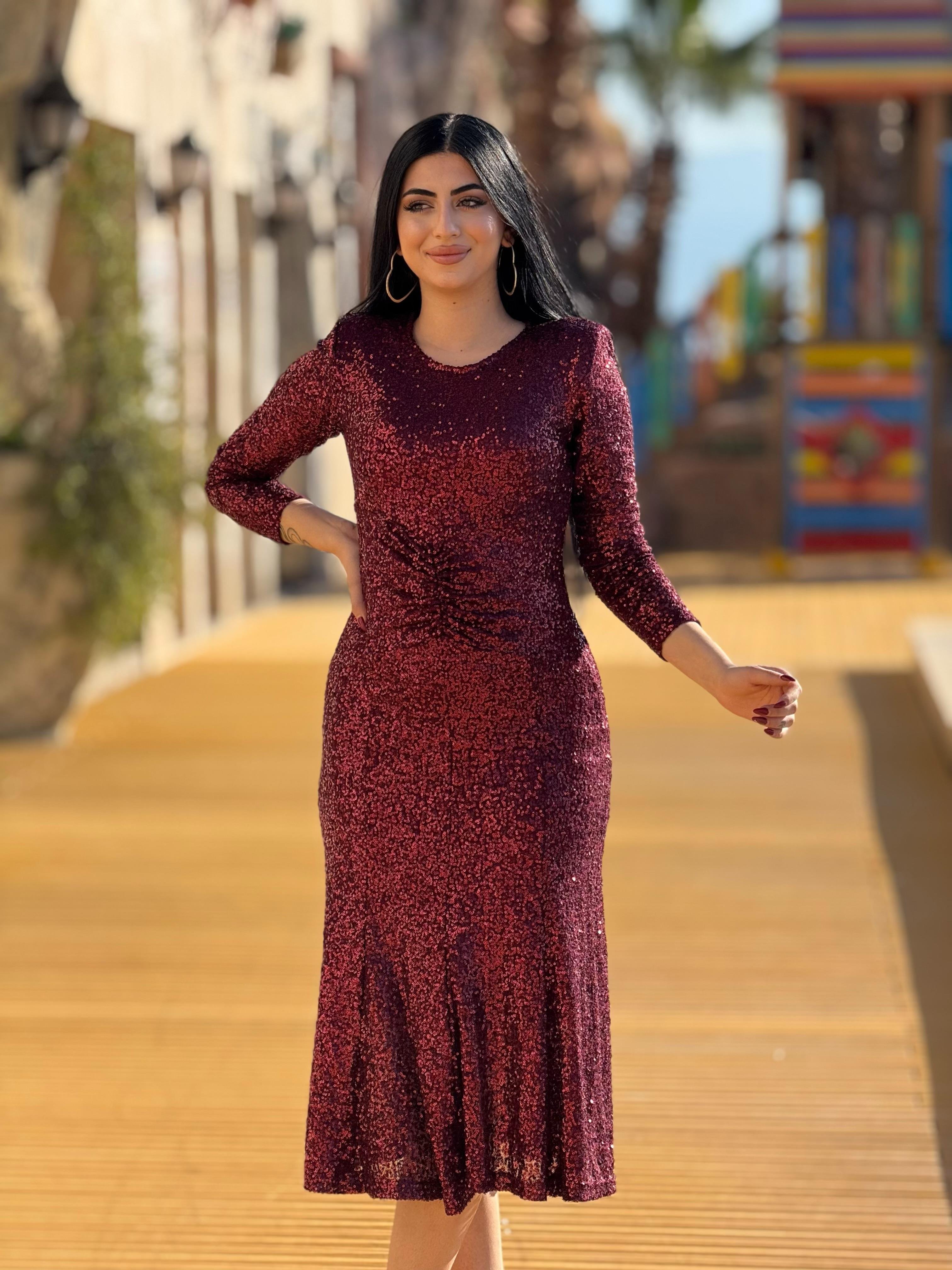 Omuz Vatkalı Pul Payet Elbise Bordo