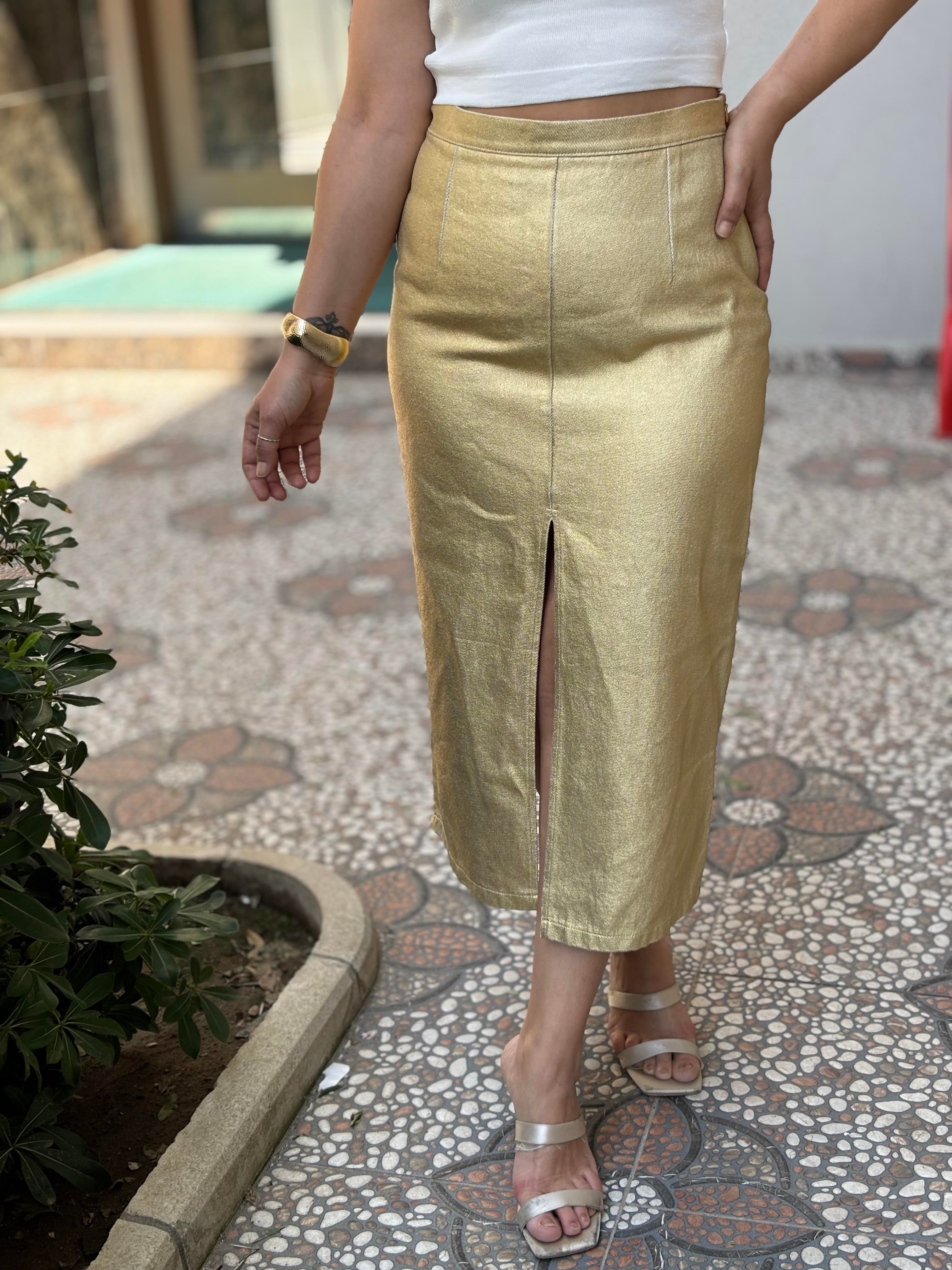 Ön Yırtmaçlı Gold Jean Etek
