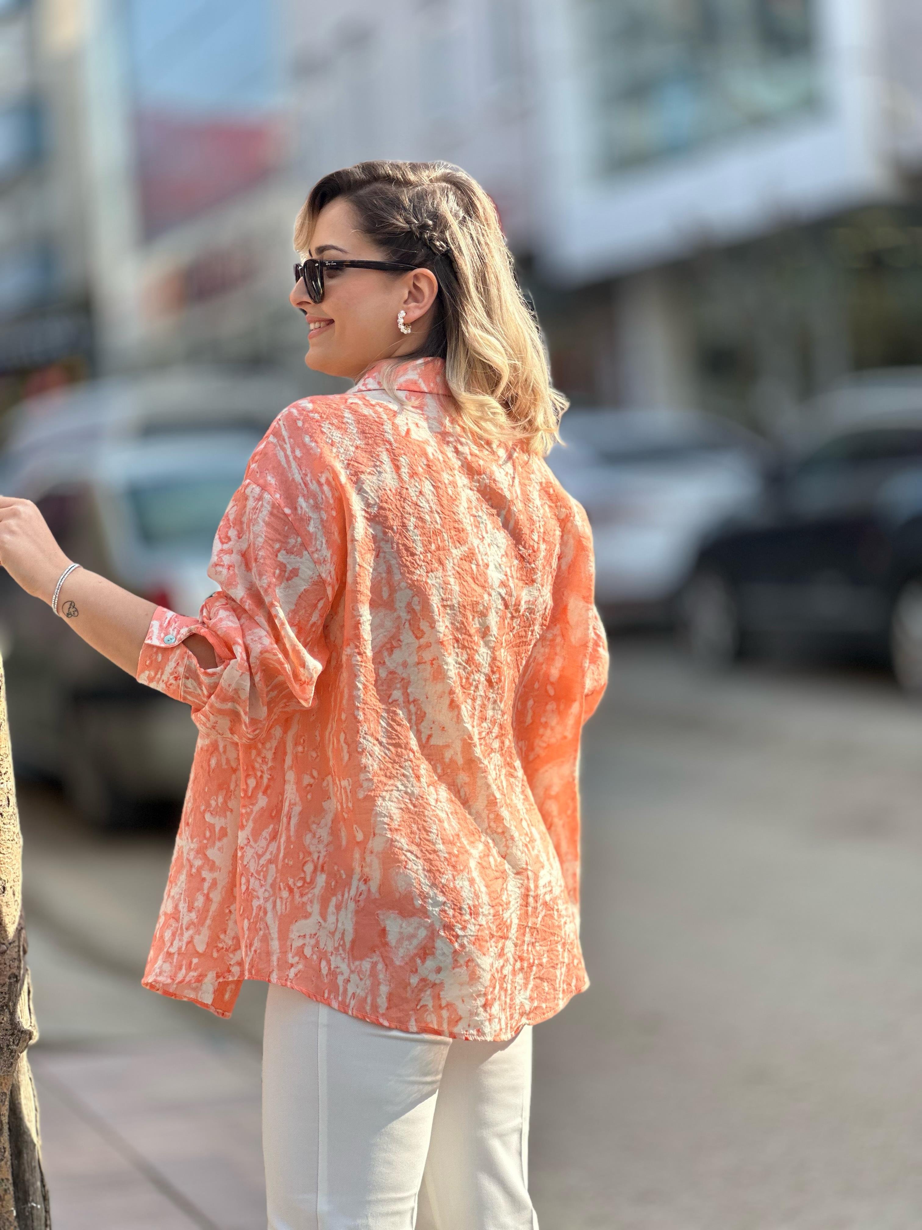Oranj Crep Kumaş Oversize Gömlek