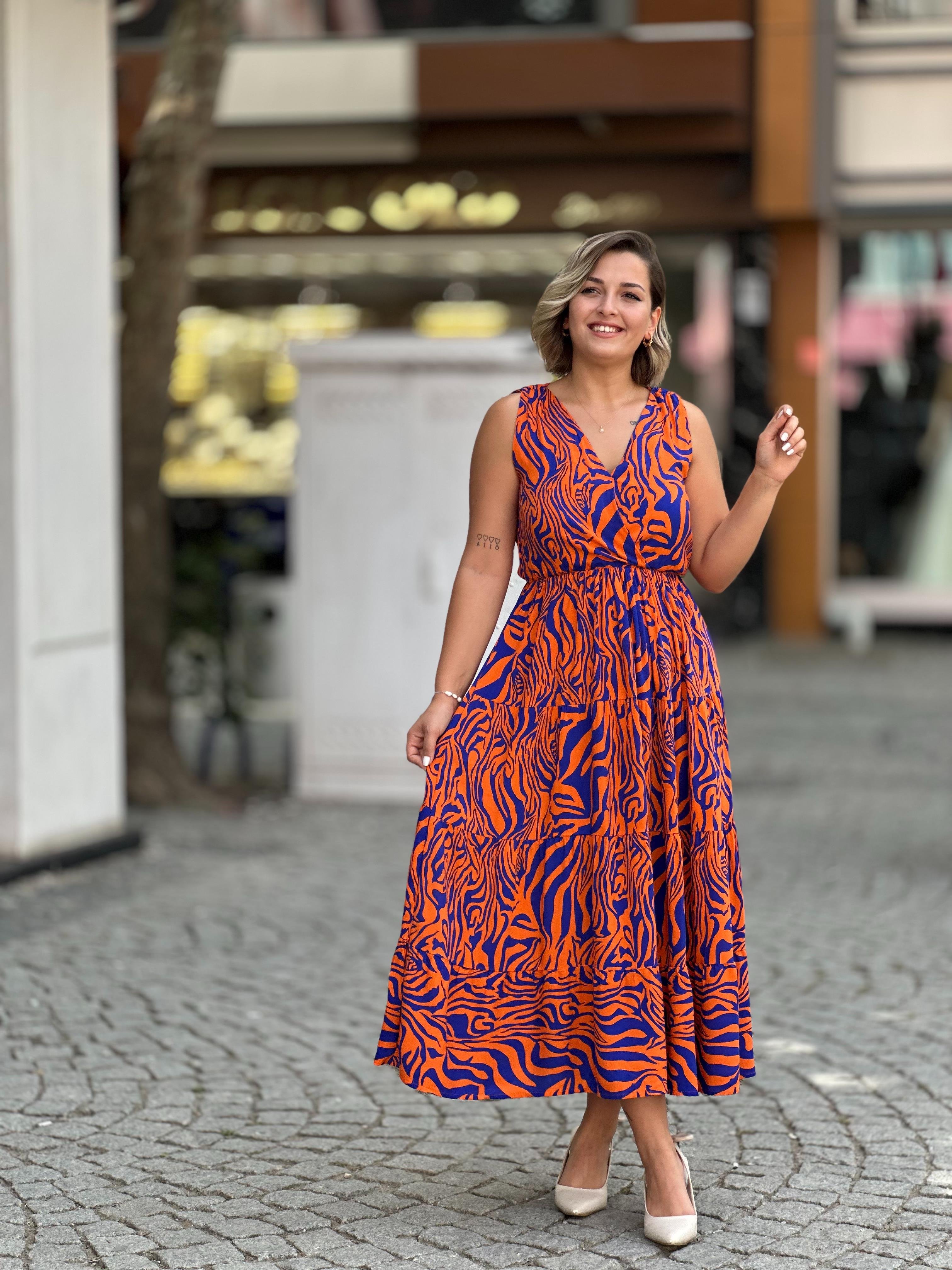 Oranj Kruvaze Yaka Elbise