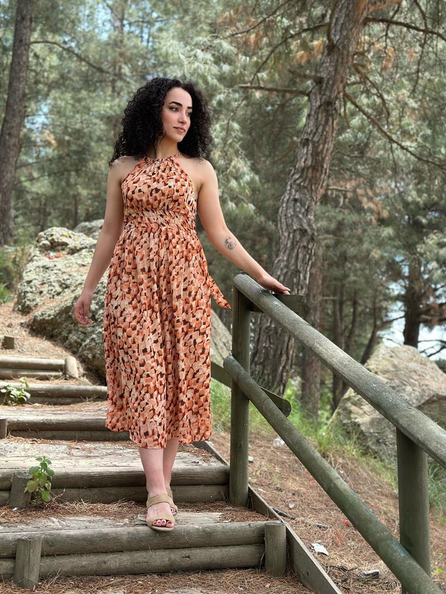 Oranj Şifon Halter Yaka Elbise