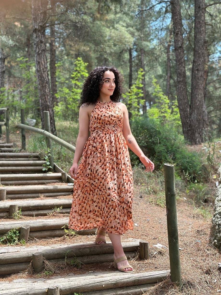 Oranj Şifon Halter Yaka Elbise
