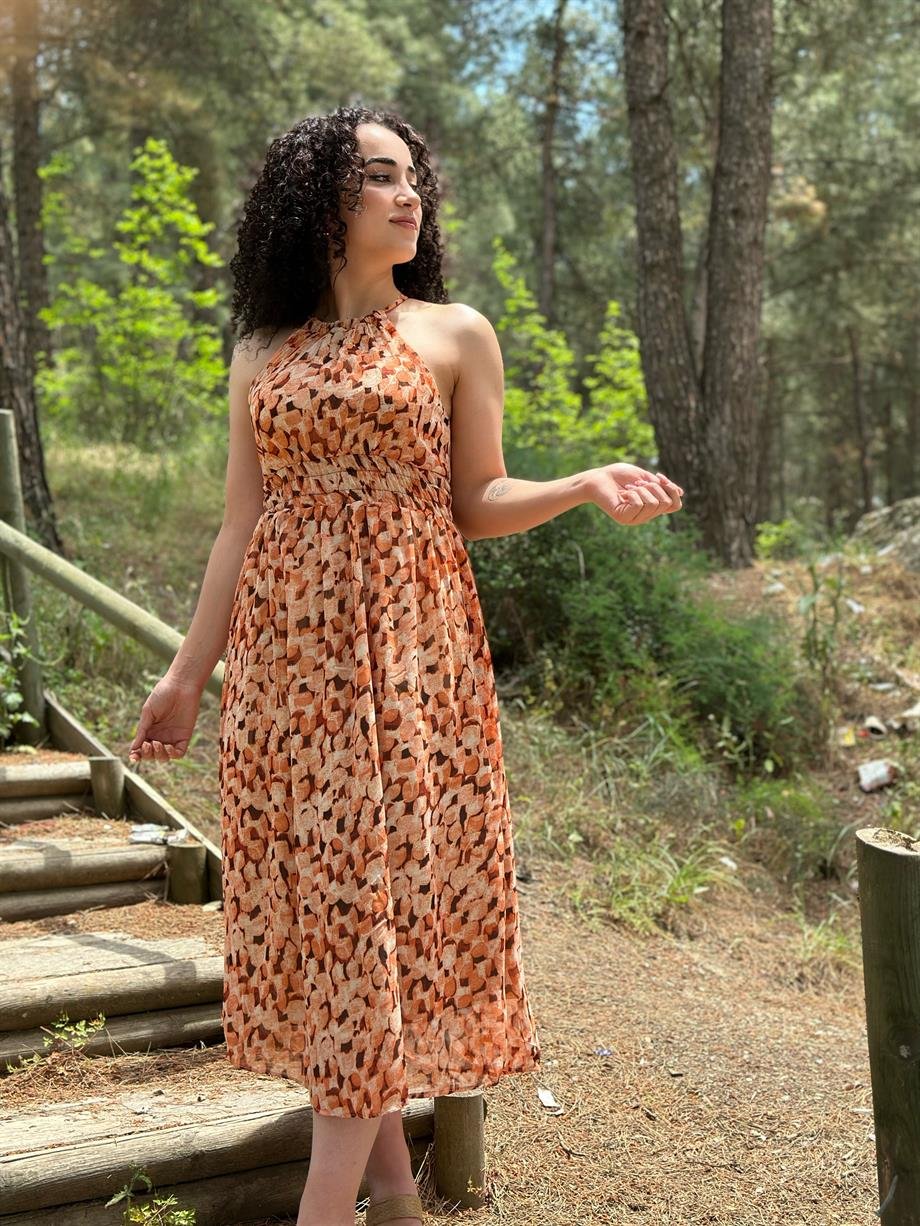 Oranj Şifon Halter Yaka Elbise